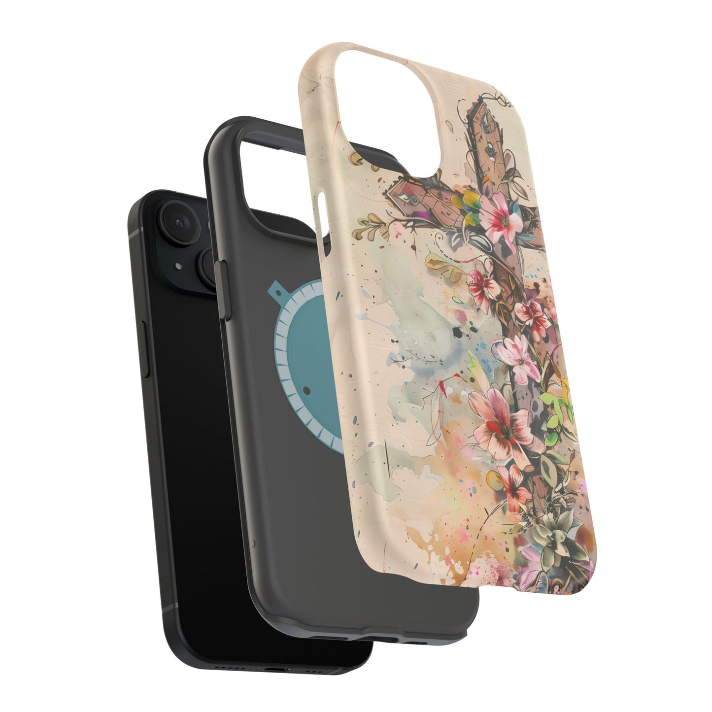 Floral Cross Watercolor - MagSafe iPhone Case, Christian Art & Wireless Charging Compatible - BOGO Cases