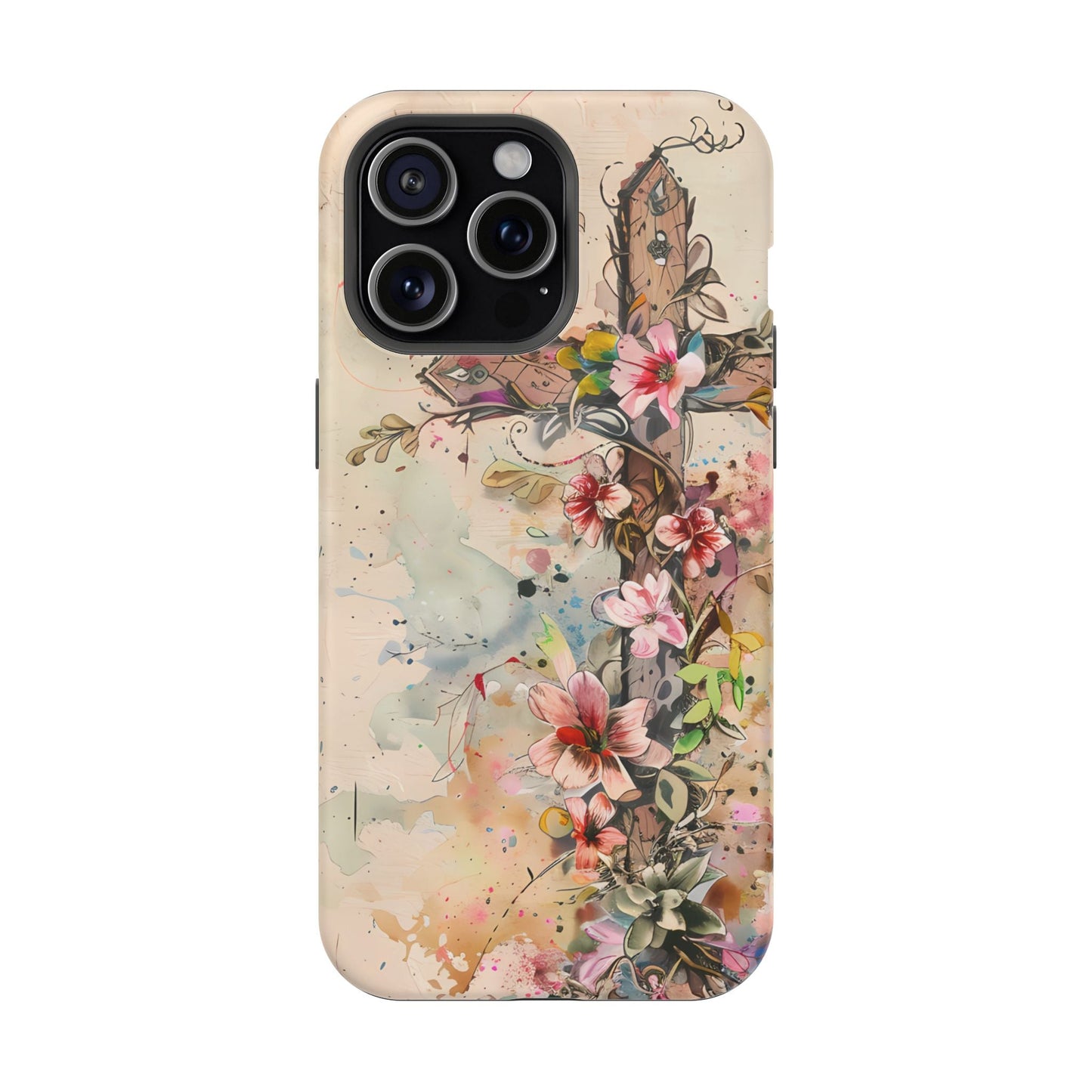 Floral Cross Watercolor - MagSafe iPhone Case, Christian Art & Wireless Charging Compatible - BOGO Cases