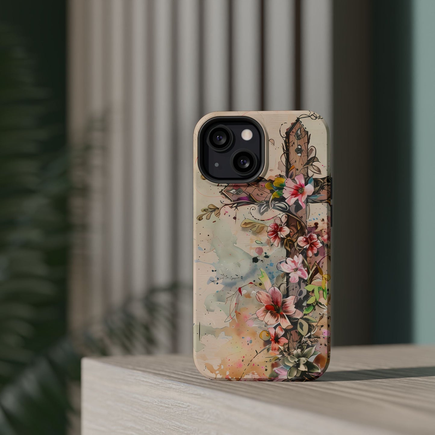 Floral Cross Watercolor - MagSafe iPhone Case, Christian Art & Wireless Charging Compatible - BOGO Cases