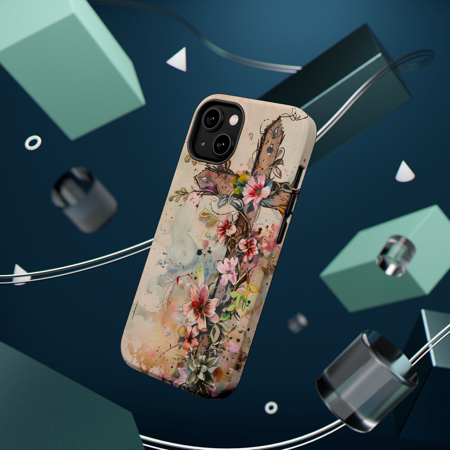 Floral Cross Watercolor - MagSafe iPhone Case, Christian Art & Wireless Charging Compatible - BOGO Cases