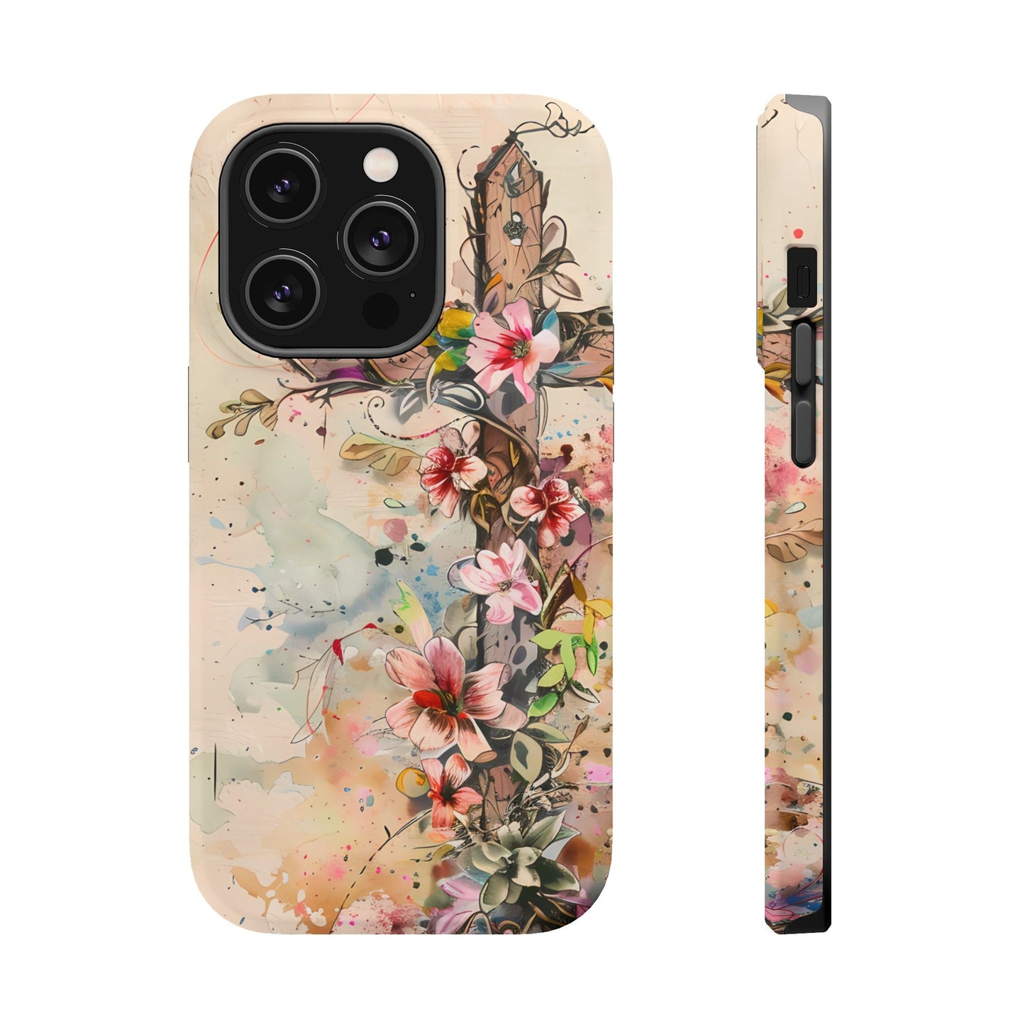 Floral Cross Watercolor - MagSafe iPhone Case, Christian Art & Wireless Charging Compatible - BOGO Cases