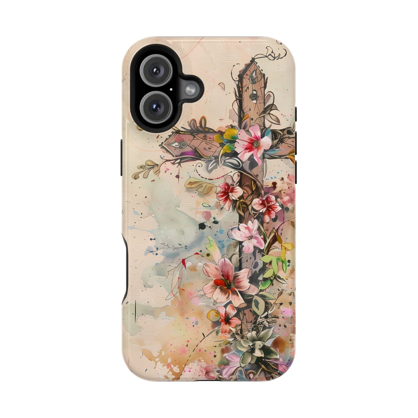 Floral Cross Watercolor - MagSafe iPhone Case, Christian Art & Wireless Charging Compatible - BOGO Cases