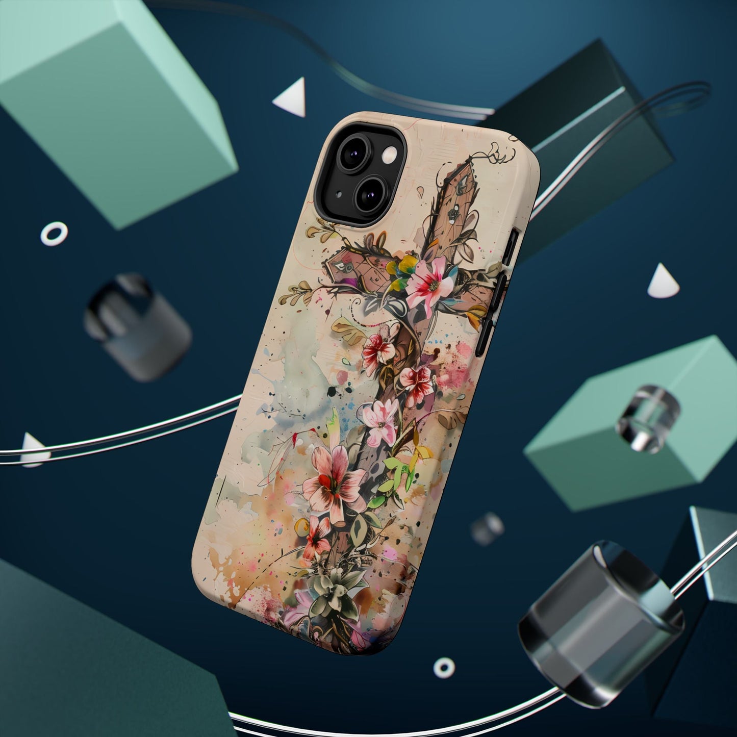 Floral Cross Watercolor - MagSafe iPhone Case, Christian Art & Wireless Charging Compatible - BOGO Cases