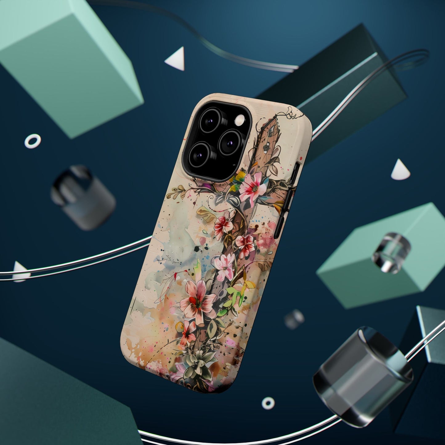 Floral Cross Watercolor - MagSafe iPhone Case, Christian Art & Wireless Charging Compatible - BOGO Cases