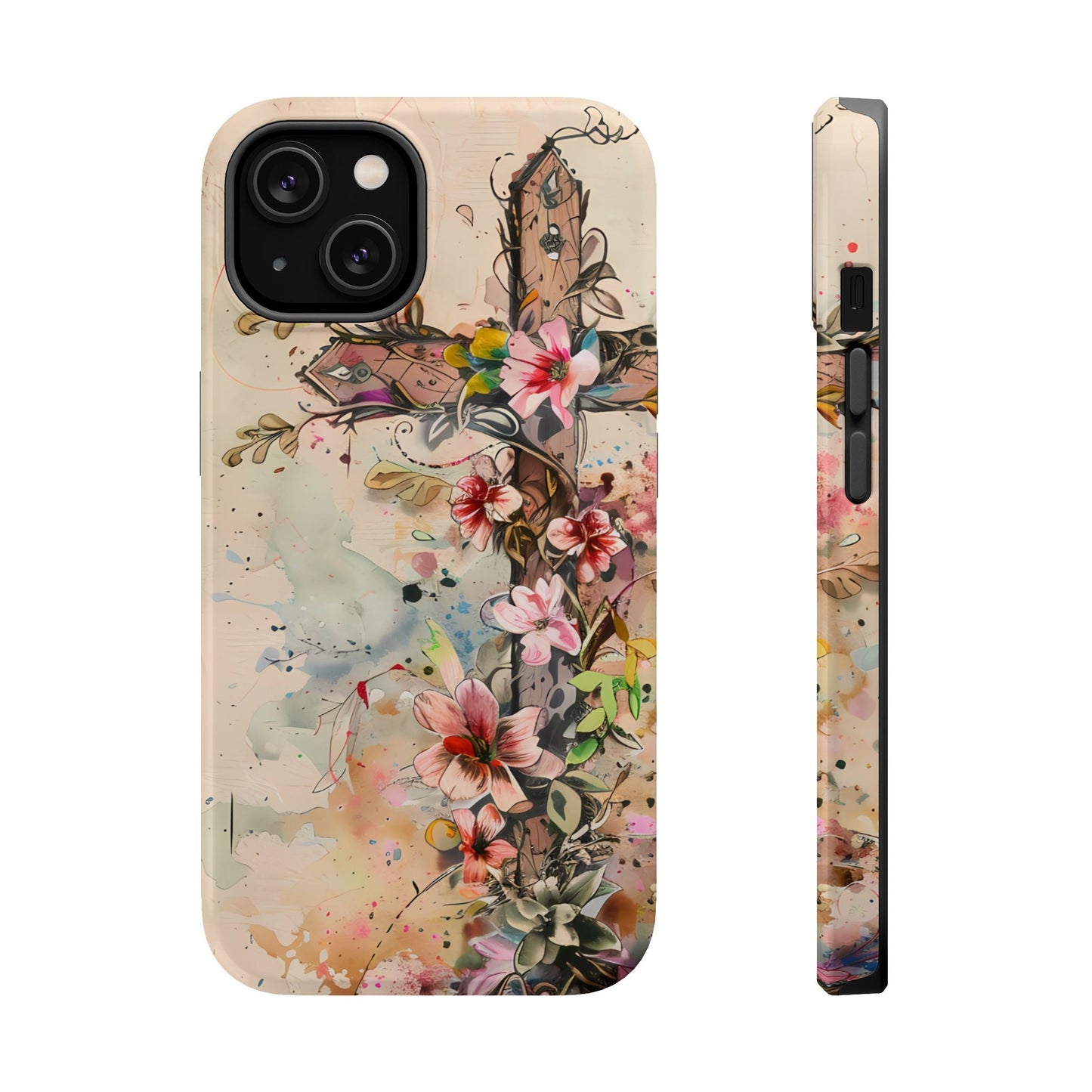 Floral Cross Watercolor - MagSafe iPhone Case, Christian Art & Wireless Charging Compatible - BOGO Cases