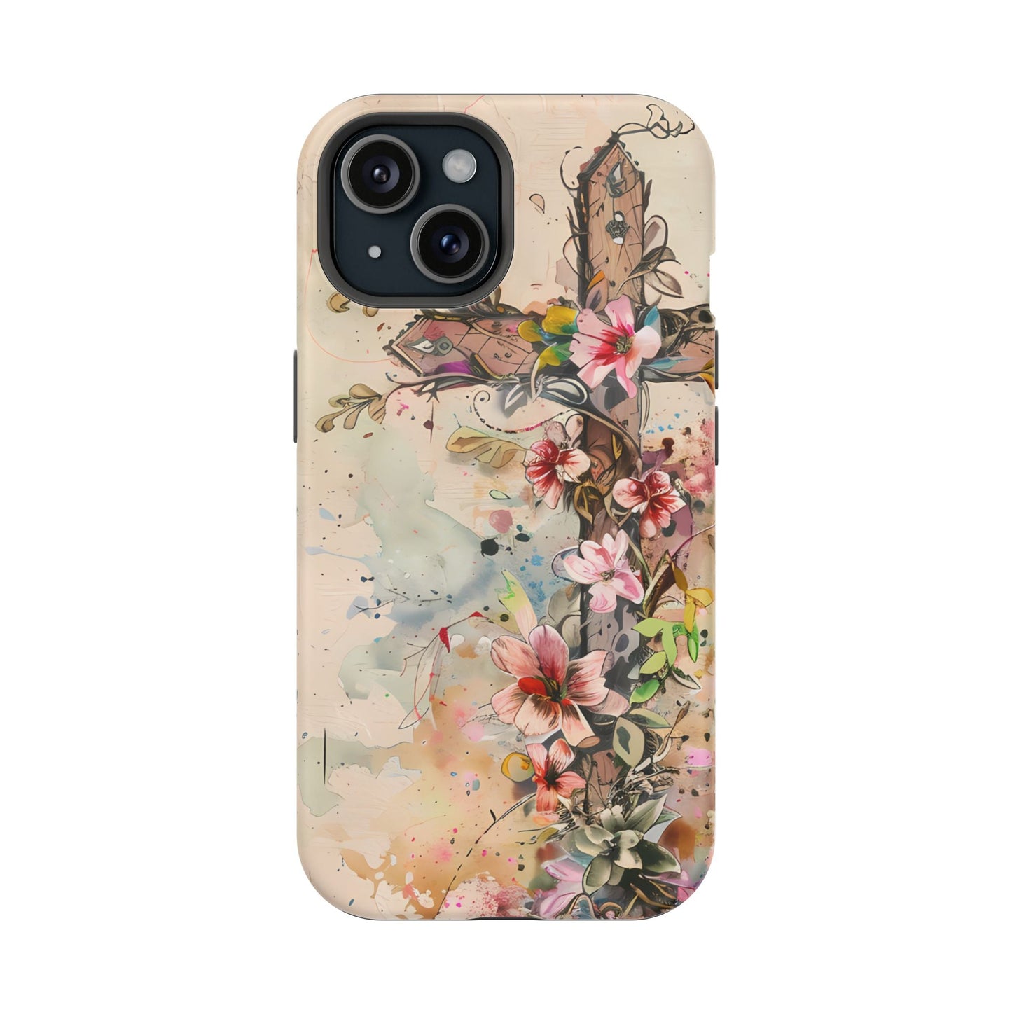 Floral Cross Watercolor - MagSafe iPhone Case, Christian Art & Wireless Charging Compatible - BOGO Cases