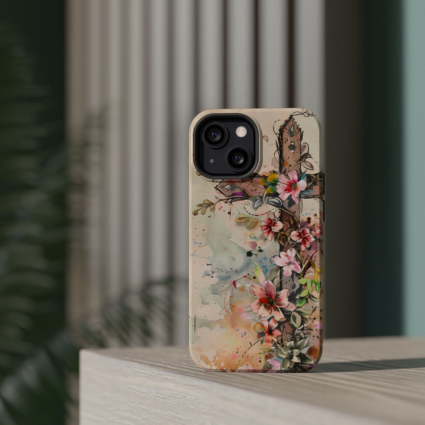 Floral Cross Watercolor - MagSafe iPhone Case, Christian Art & Wireless Charging Compatible - BOGO Cases