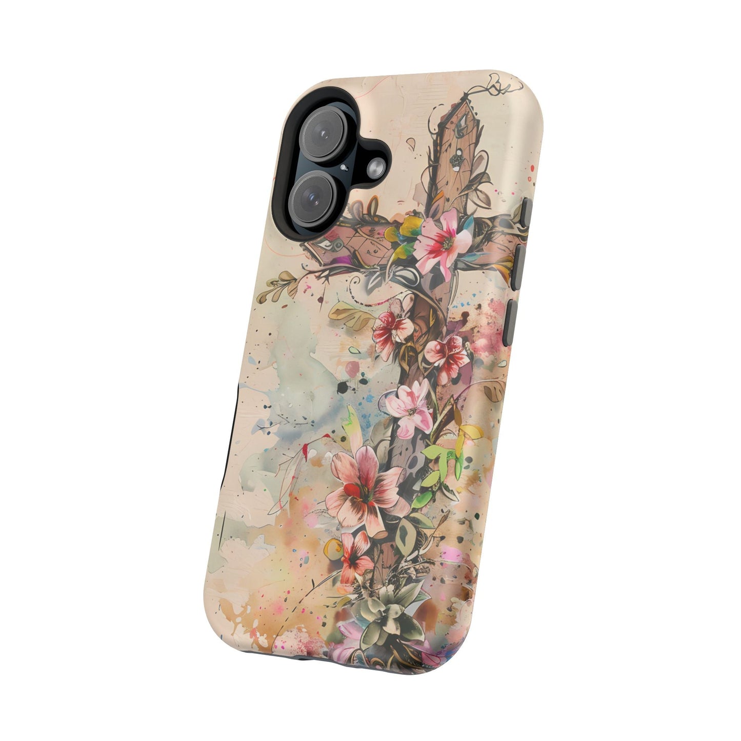 Floral Cross Watercolor - MagSafe iPhone Case, Christian Art & Wireless Charging Compatible - BOGO Cases