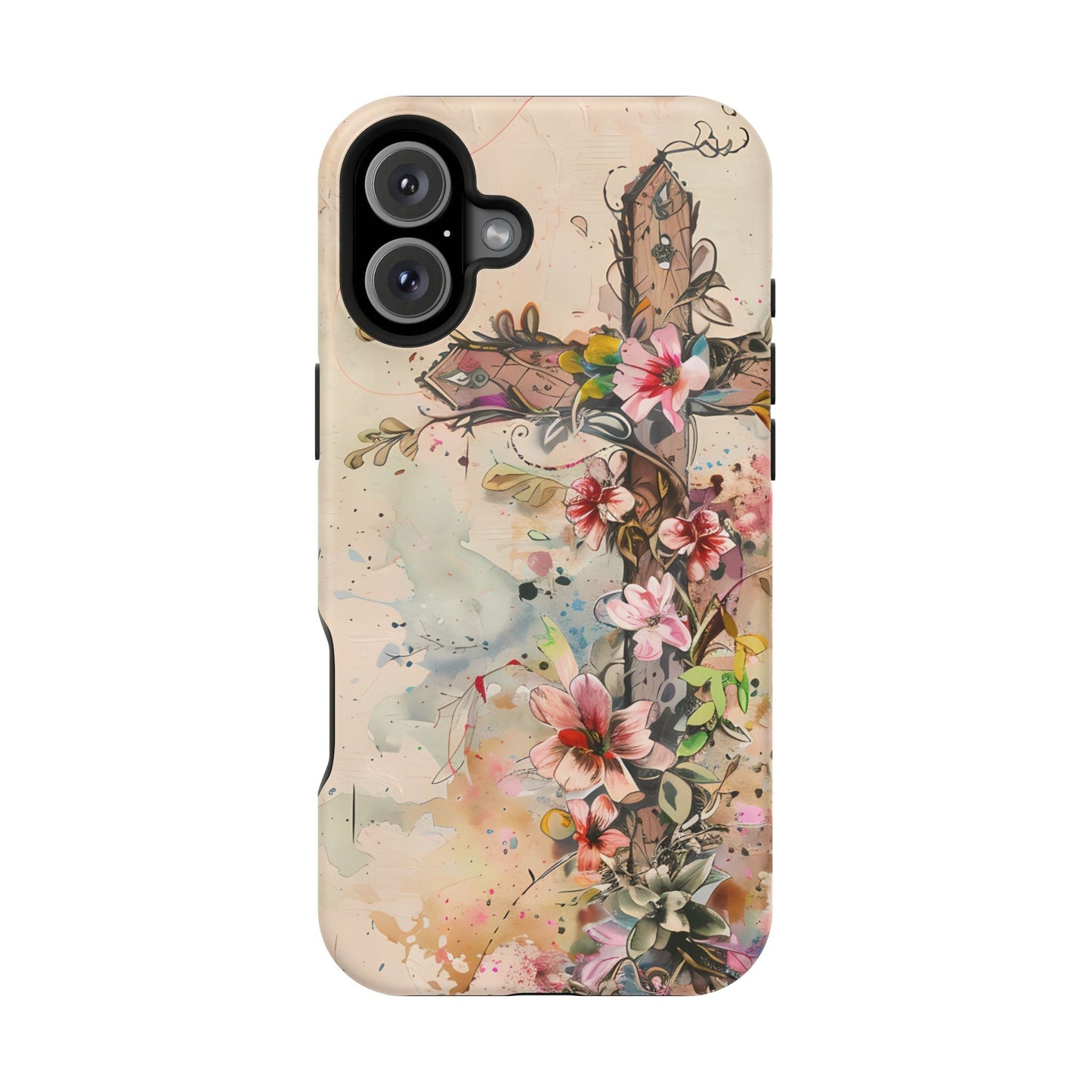Floral Cross Watercolor - MagSafe iPhone Case, Christian Art & Wireless Charging Compatible - BOGO Cases