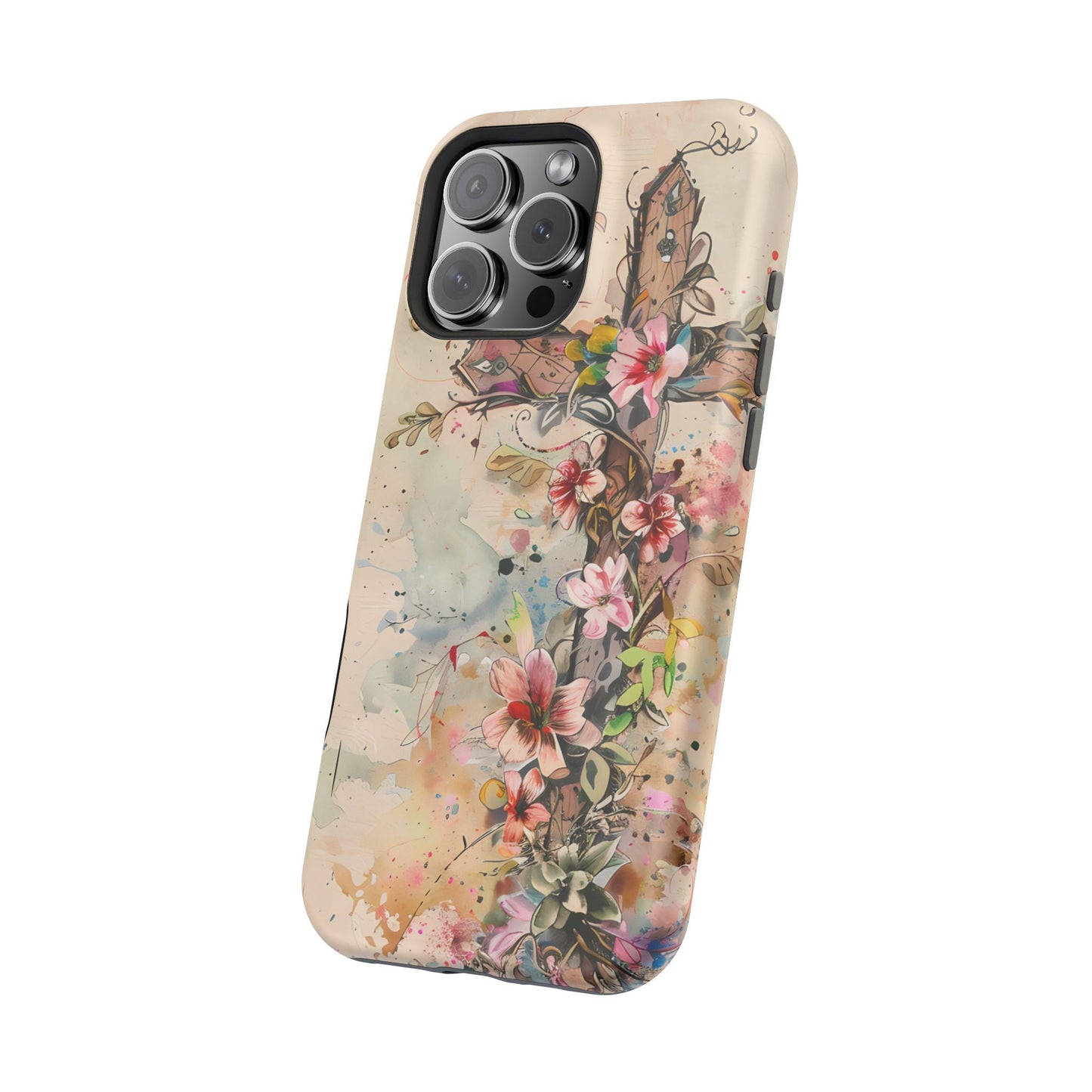 Floral Cross Watercolor - MagSafe iPhone Case, Christian Art & Wireless Charging Compatible - BOGO Cases