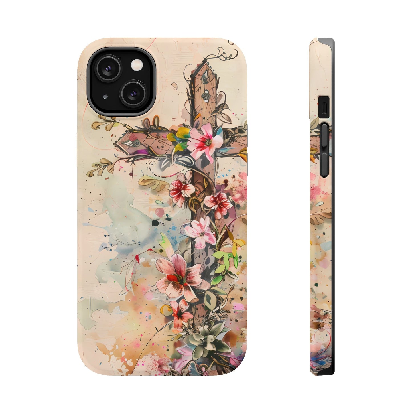Floral Cross Watercolor - MagSafe iPhone Case, Christian Art & Wireless Charging Compatible - BOGO Cases