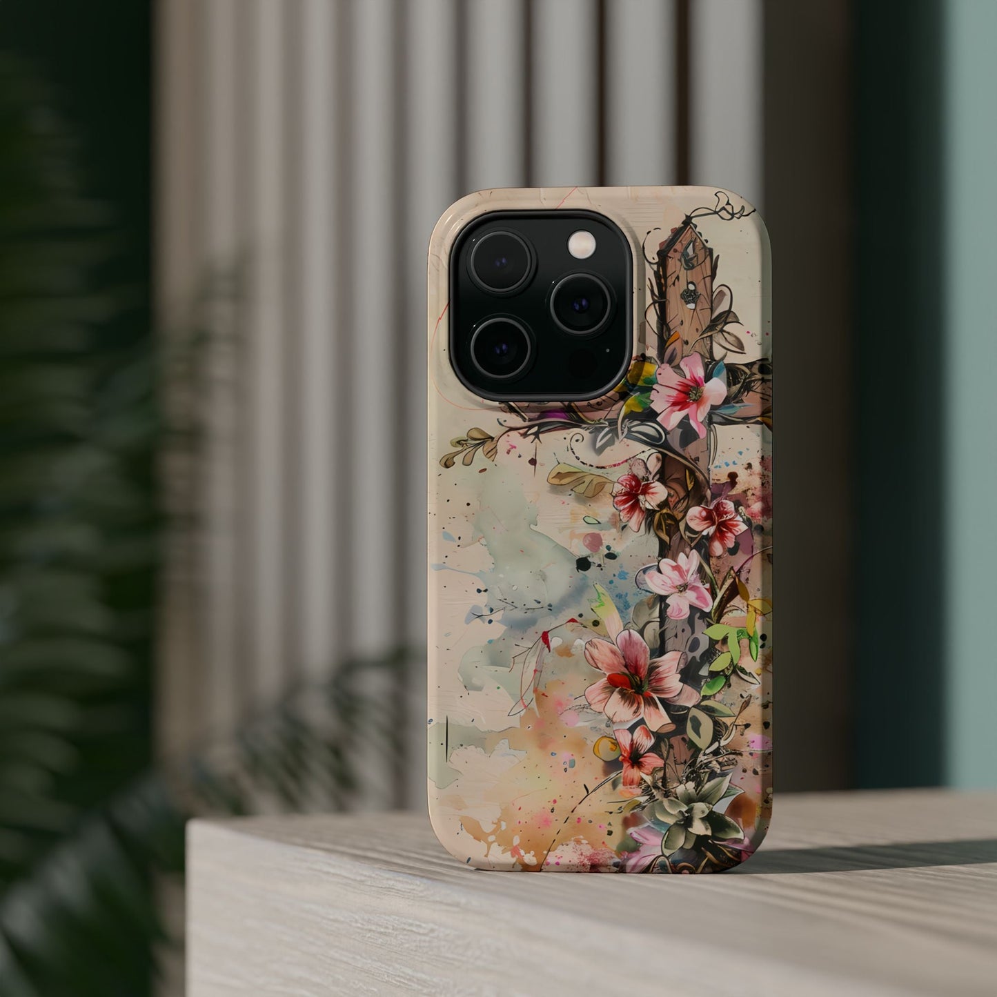 Floral Cross Watercolor - MagSafe iPhone Case, Christian Art & Wireless Charging Compatible - BOGO Cases