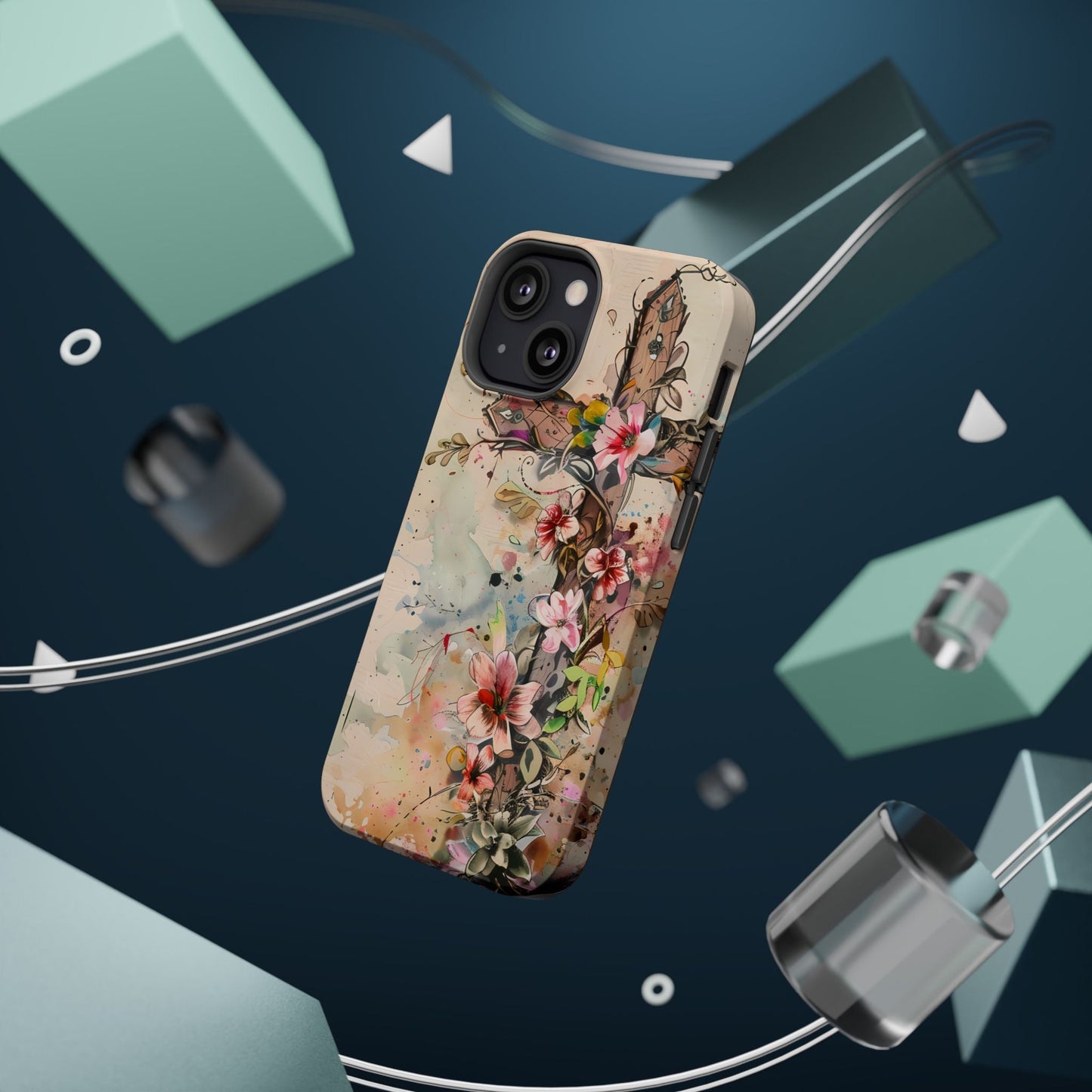 Floral Cross Watercolor - MagSafe iPhone Case, Christian Art & Wireless Charging Compatible - BOGO Cases