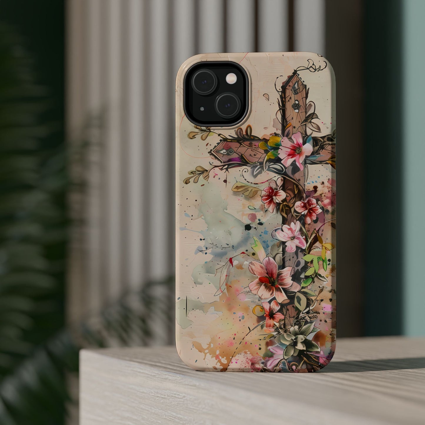 Floral Cross Watercolor - MagSafe iPhone Case, Christian Art & Wireless Charging Compatible - BOGO Cases
