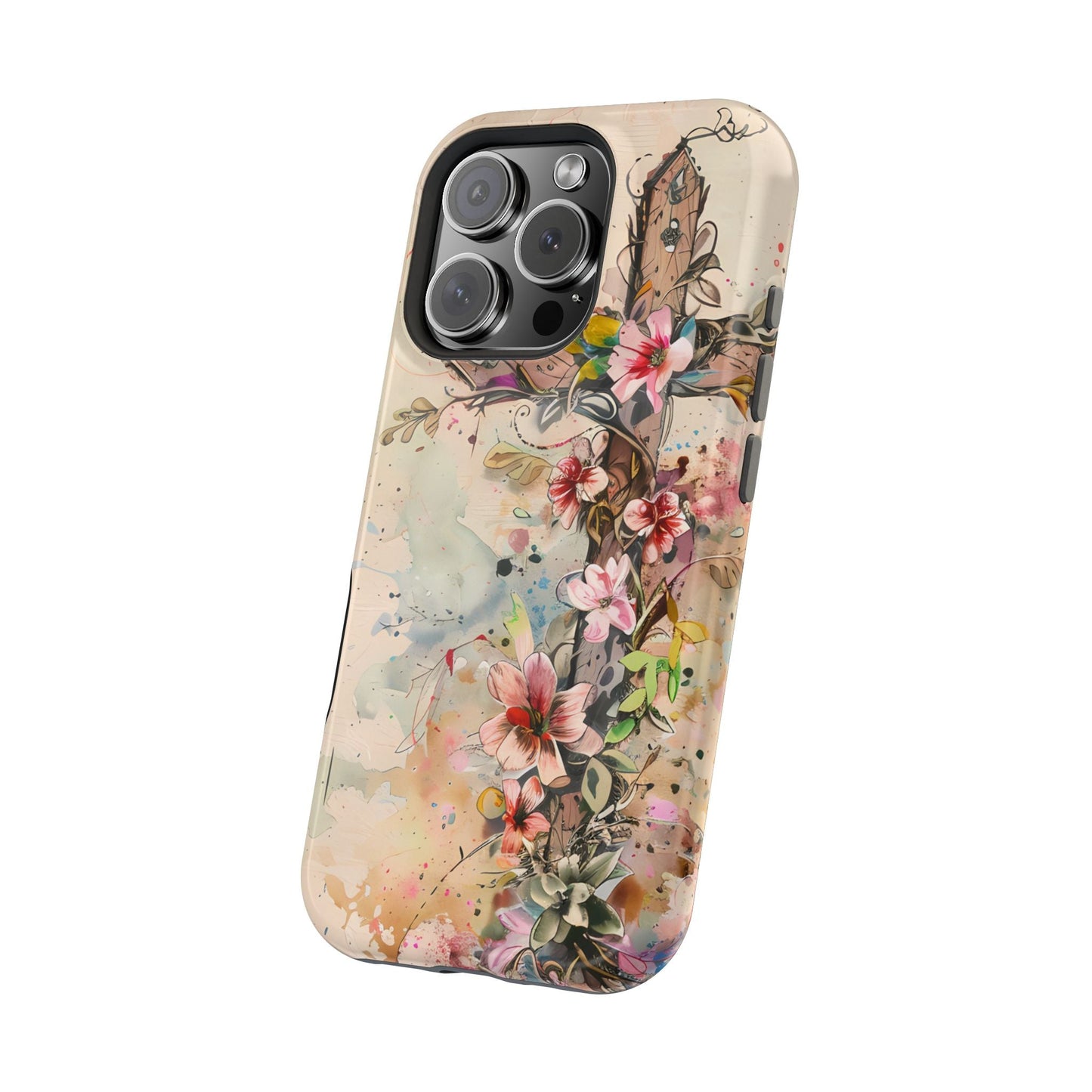 Floral Cross Watercolor - MagSafe iPhone Case, Christian Art & Wireless Charging Compatible - BOGO Cases