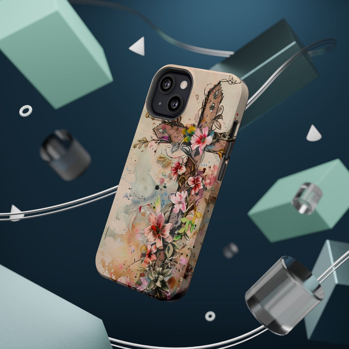 Floral Cross Watercolor - MagSafe iPhone Case, Christian Art & Wireless Charging Compatible - BOGO Cases