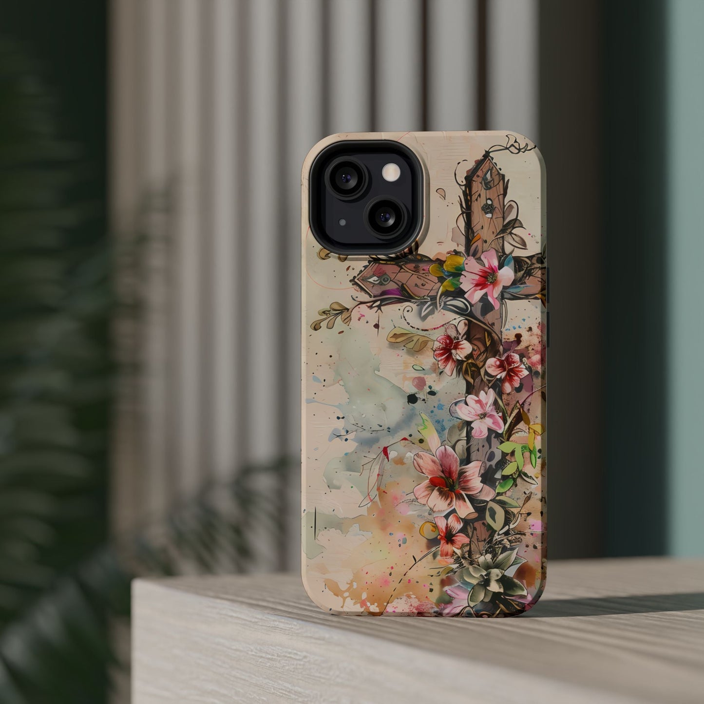 Floral Cross Watercolor - MagSafe iPhone Case, Christian Art & Wireless Charging Compatible - BOGO Cases