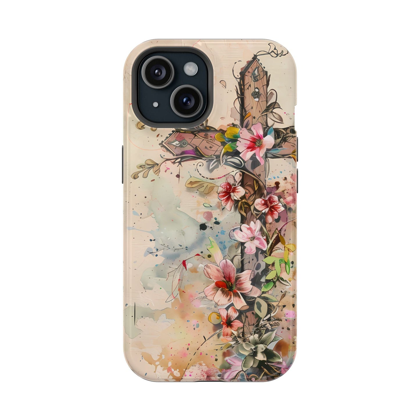 Floral Cross Watercolor - MagSafe iPhone Case, Christian Art & Wireless Charging Compatible - BOGO Cases