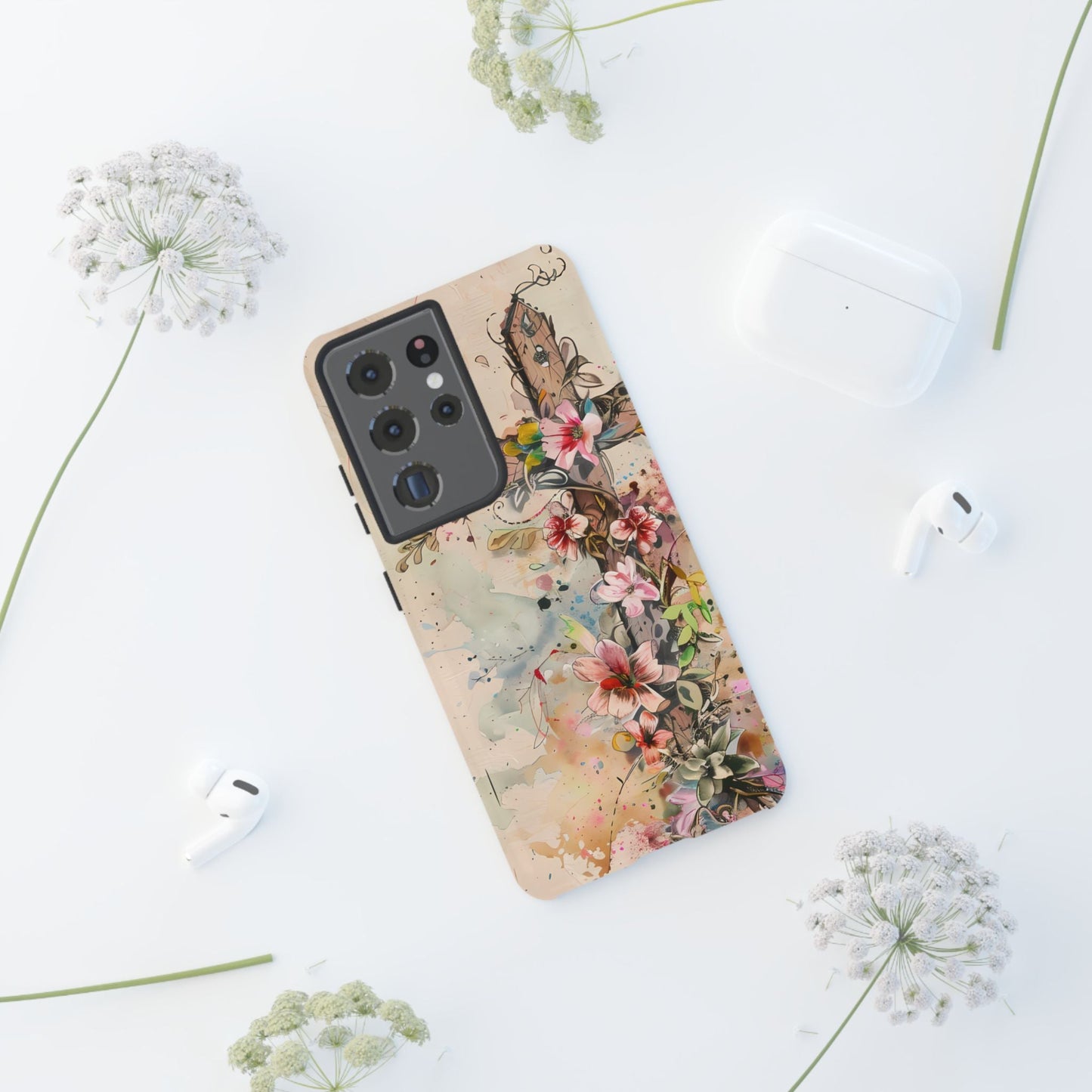 Floral Cross Watercolor - Samsung Galaxy Case, Christian Faith & Art Design - BOGO Cases