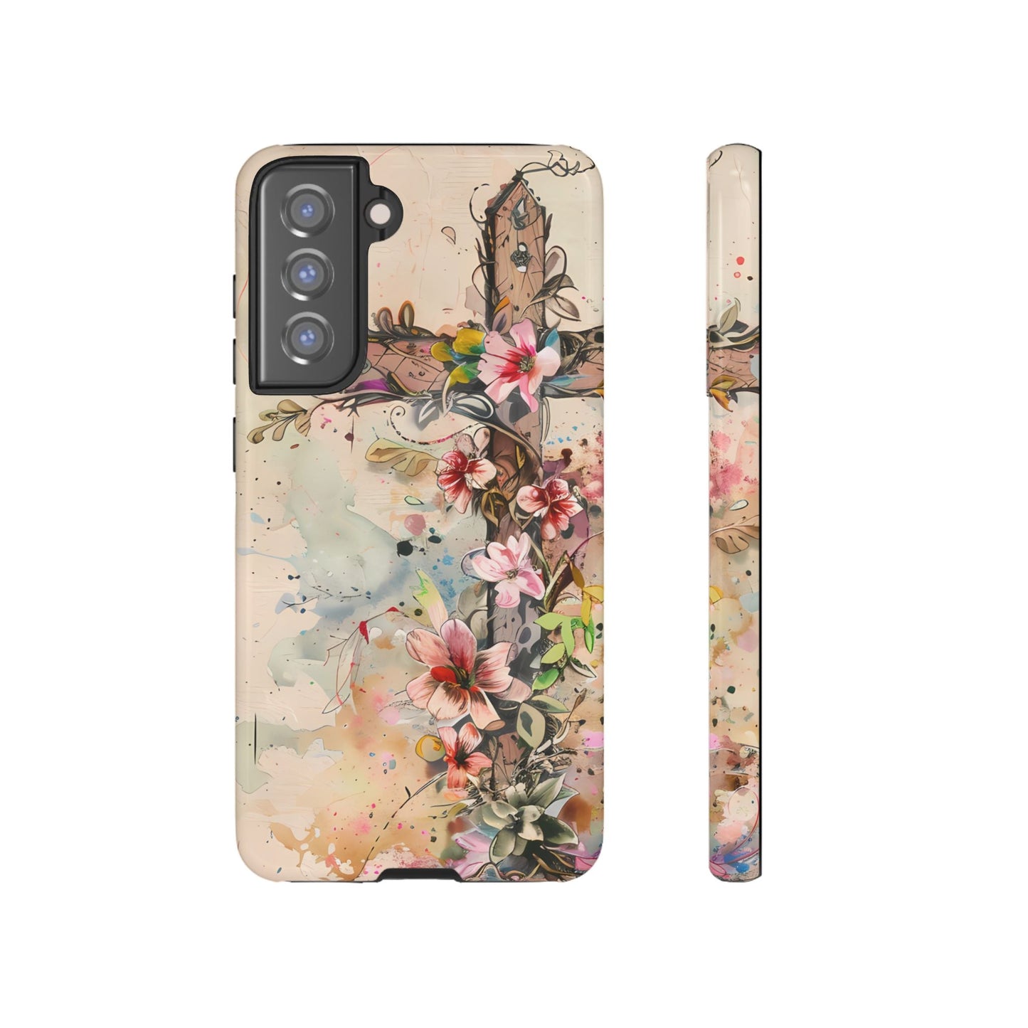 Floral Cross Watercolor - Samsung Galaxy Case, Christian Faith & Art Design - BOGO Cases