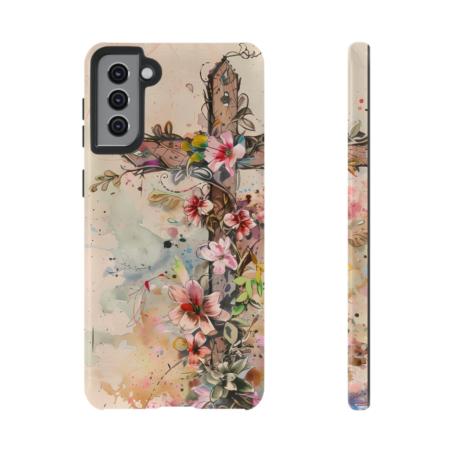 Floral Cross Watercolor - Samsung Galaxy Case, Christian Faith & Art Design - BOGO Cases