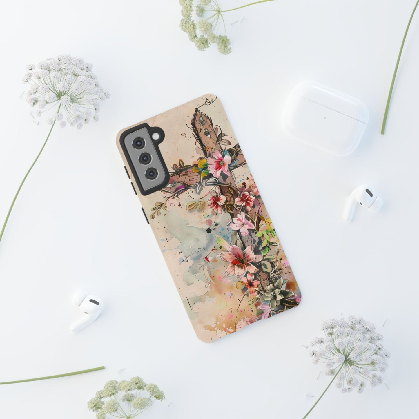 Floral Cross Watercolor - Samsung Galaxy Case, Christian Faith & Art Design - BOGO Cases