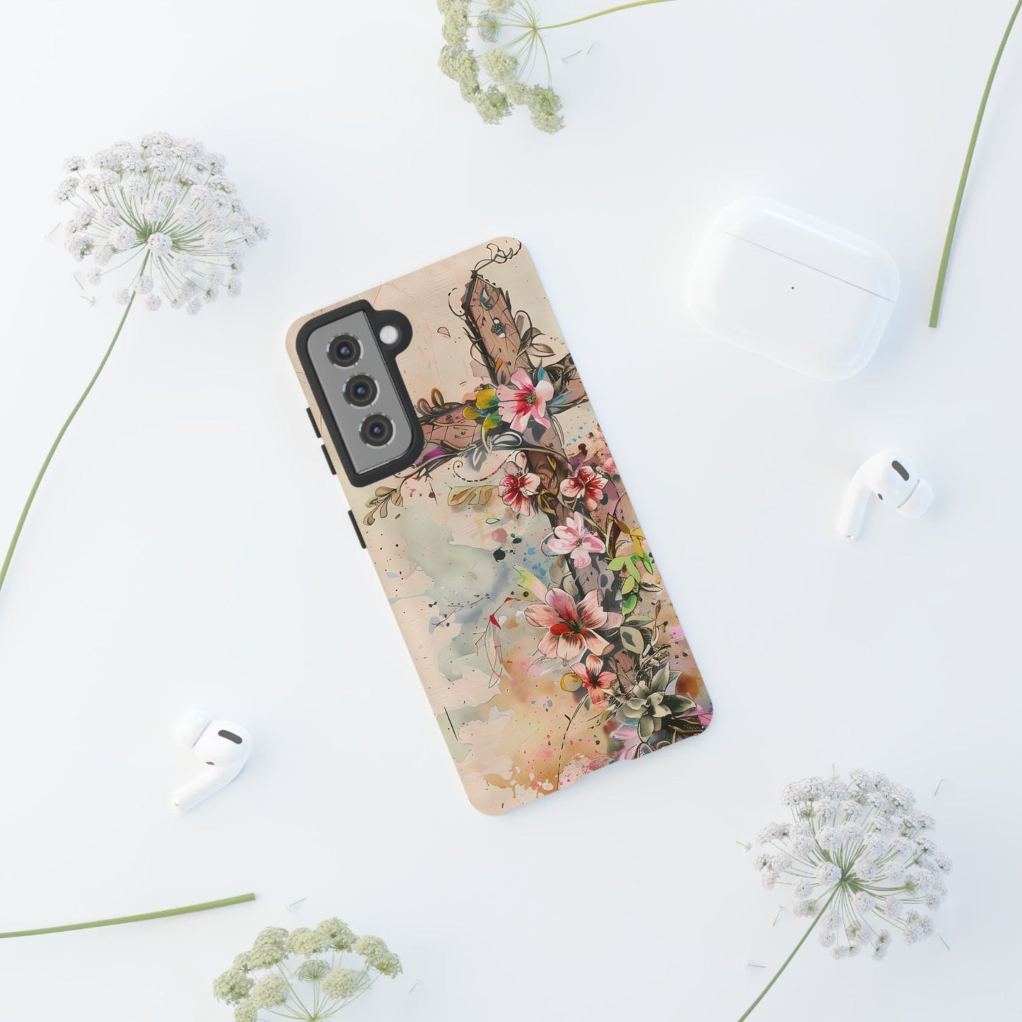Floral Cross Watercolor - Samsung Galaxy Case, Christian Faith & Art Design - BOGO Cases