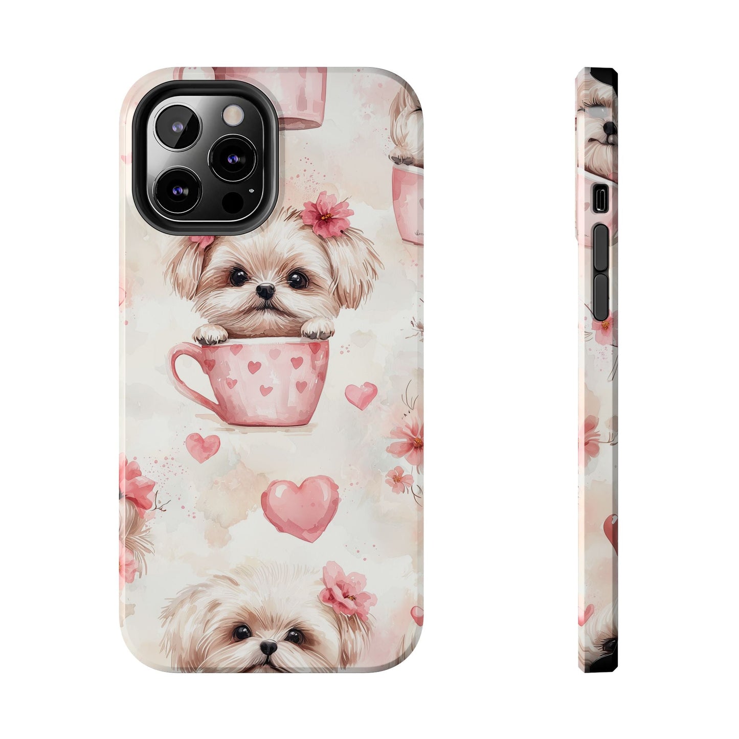 Floral Puppy in Teacup iPhone Case – Cute Pink Flower Design, Tough Dual - Layer Protection - BOGO Cases