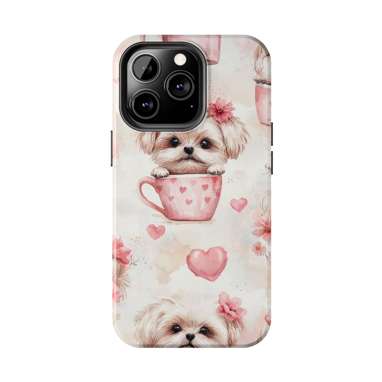 Floral Puppy in Teacup iPhone Case – Cute Pink Flower Design, Tough Dual - Layer Protection - BOGO Cases
