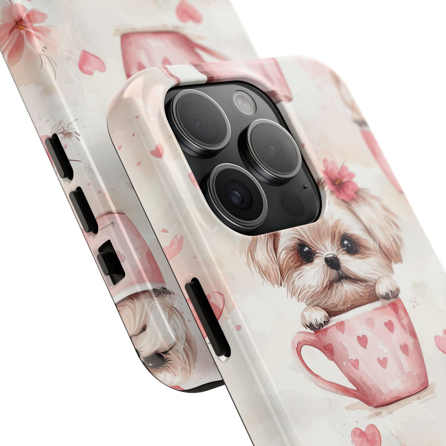 Floral Puppy in Teacup iPhone Case – Cute Pink Flower Design, Tough Dual - Layer Protection - BOGO Cases