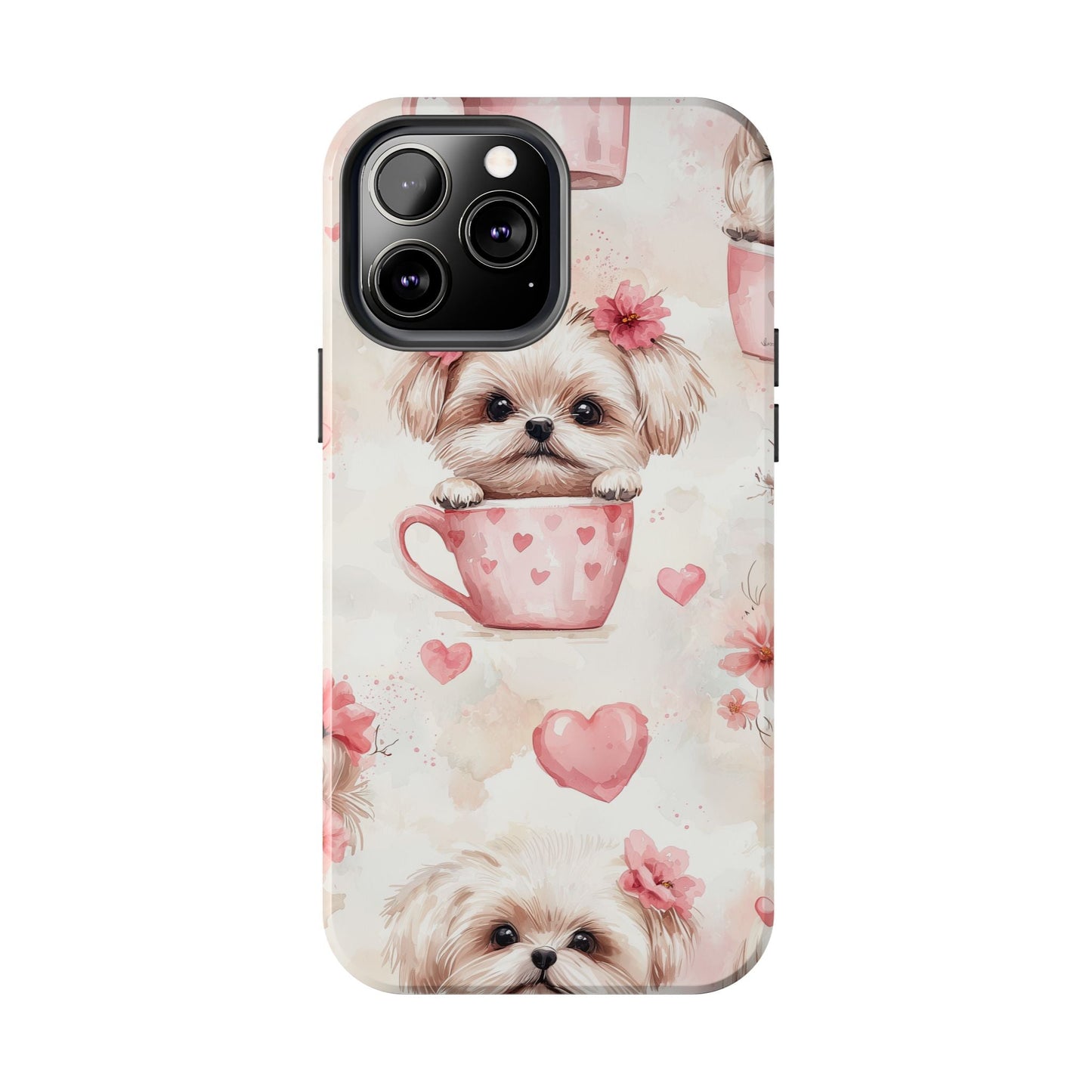 Floral Puppy in Teacup iPhone Case – Cute Pink Flower Design, Tough Dual - Layer Protection - BOGO Cases