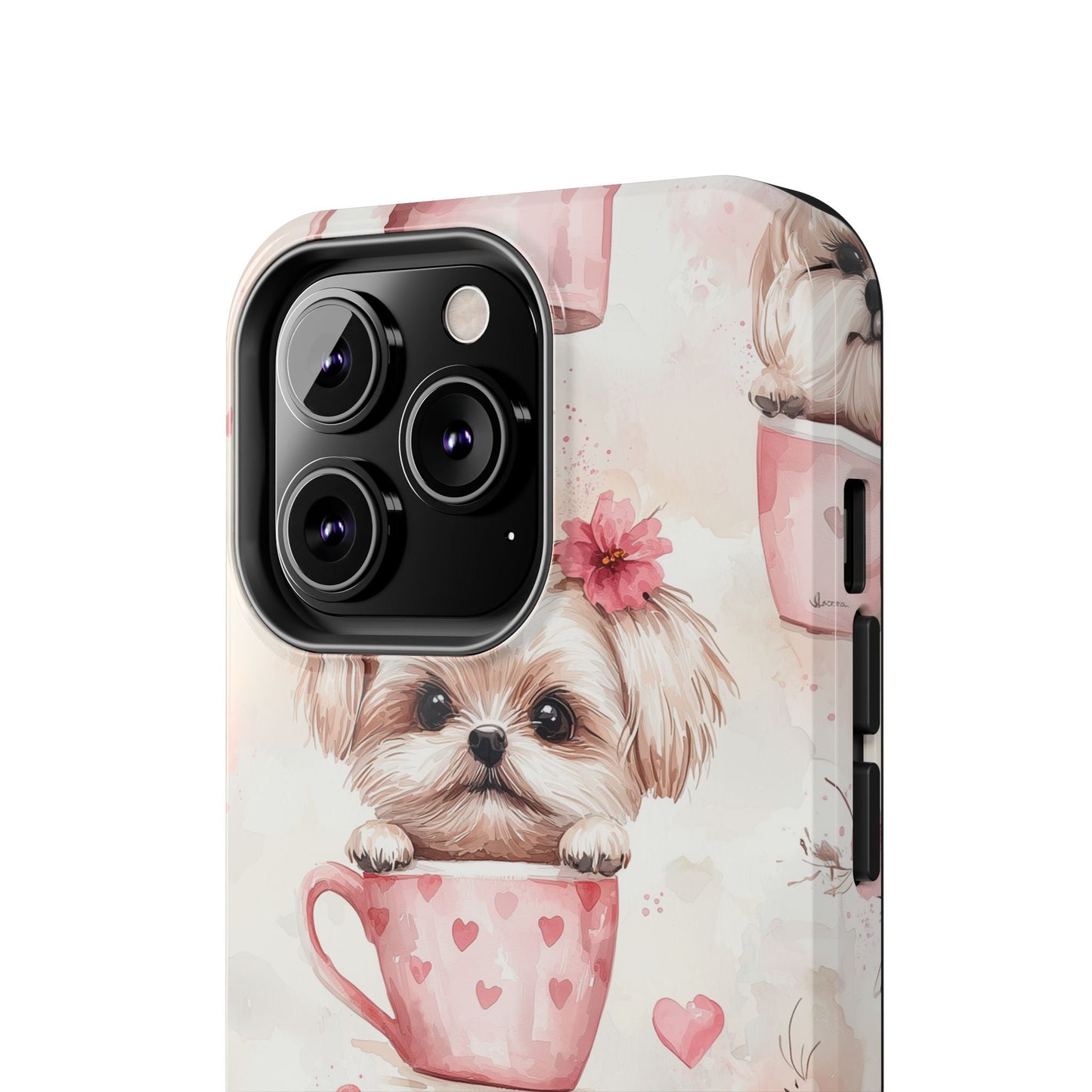Floral Puppy in Teacup iPhone Case – Cute Pink Flower Design, Tough Dual - Layer Protection - BOGO Cases
