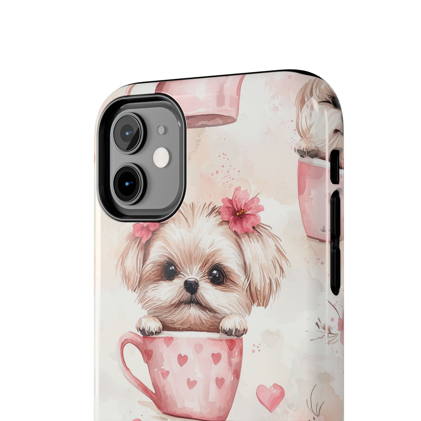 Floral Puppy in Teacup iPhone Case – Cute Pink Flower Design, Tough Dual - Layer Protection - BOGO Cases