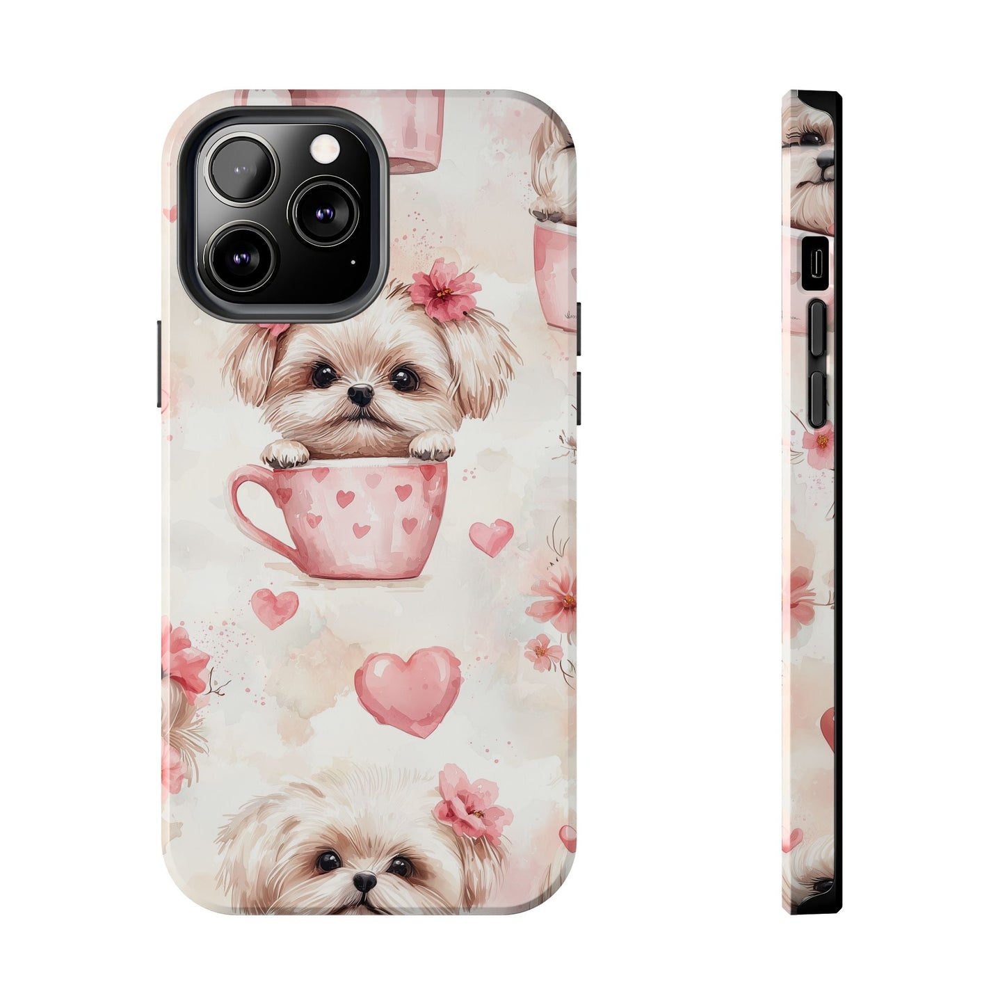 Floral Puppy in Teacup iPhone Case – Cute Pink Flower Design, Tough Dual - Layer Protection - BOGO Cases