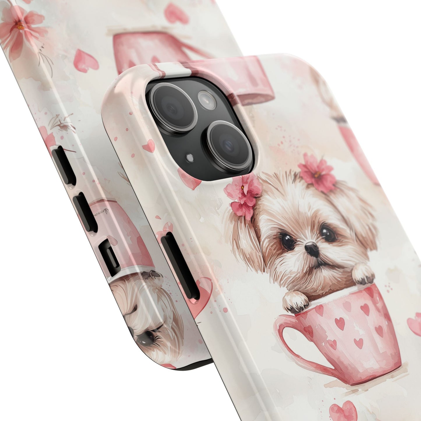 Floral Puppy in Teacup iPhone Case – Cute Pink Flower Design, Tough Dual - Layer Protection - BOGO Cases