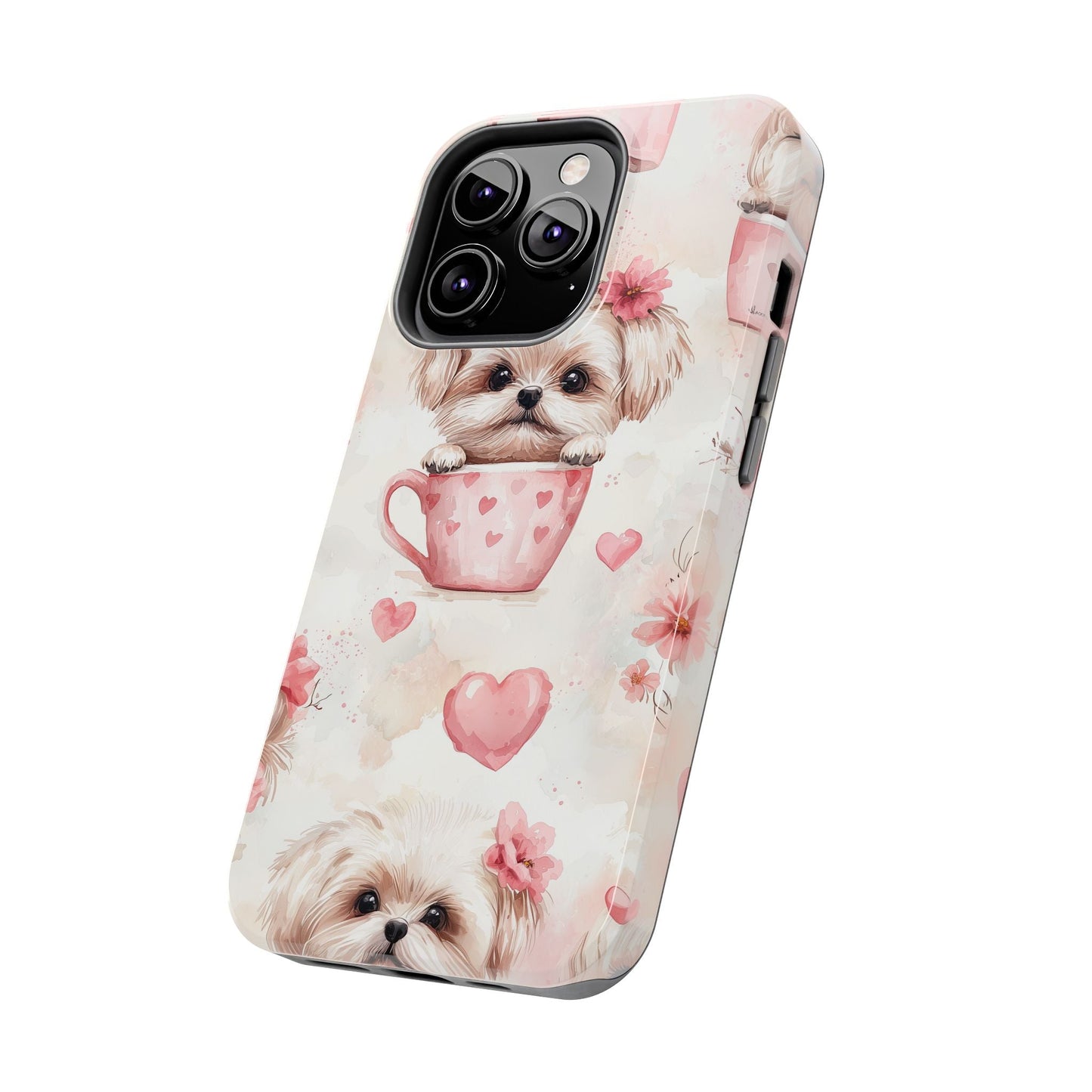 Floral Puppy in Teacup iPhone Case – Cute Pink Flower Design, Tough Dual - Layer Protection - BOGO Cases