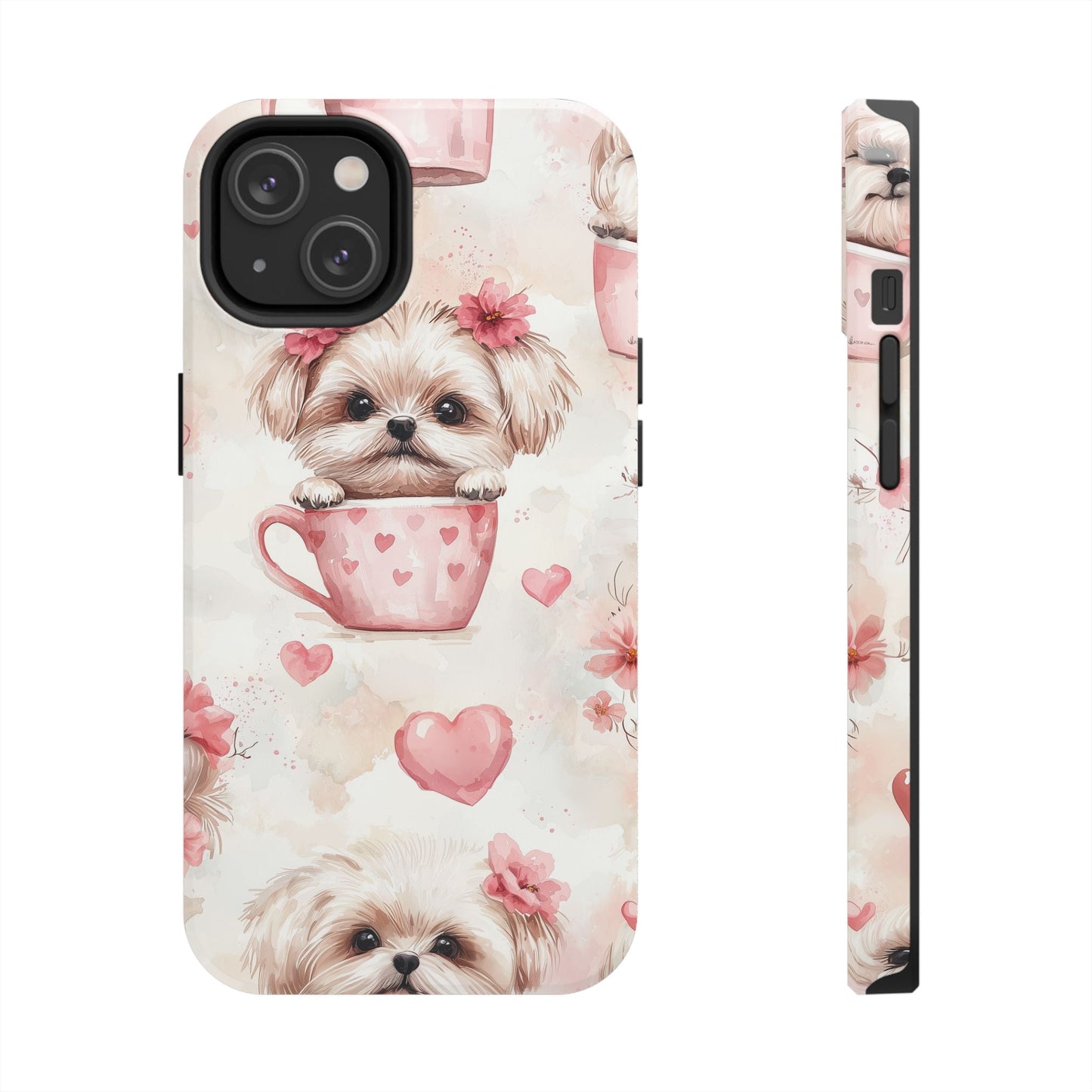 Floral Puppy in Teacup iPhone Case – Cute Pink Flower Design, Tough Dual - Layer Protection - BOGO Cases