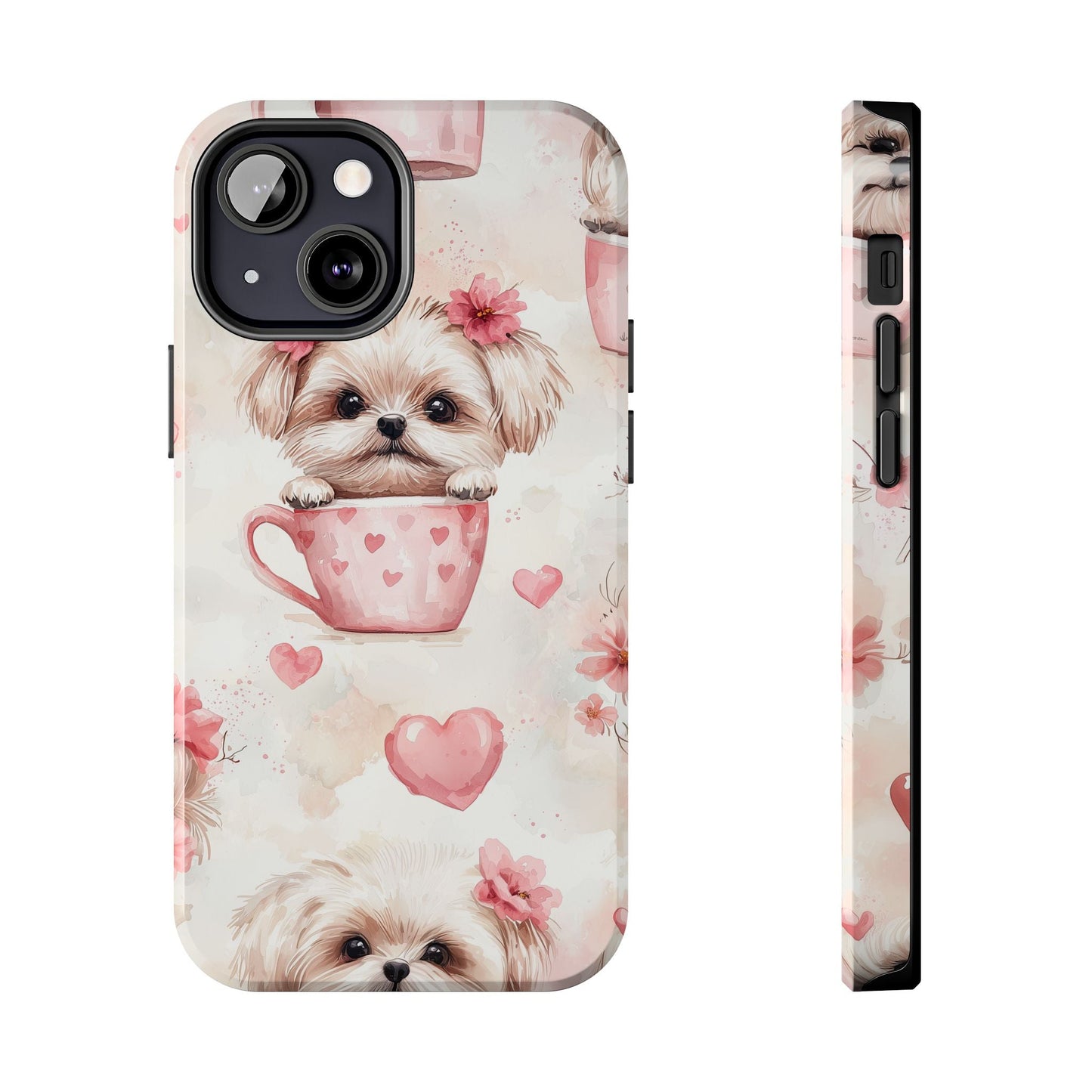 Floral Puppy in Teacup iPhone Case – Cute Pink Flower Design, Tough Dual - Layer Protection - BOGO Cases