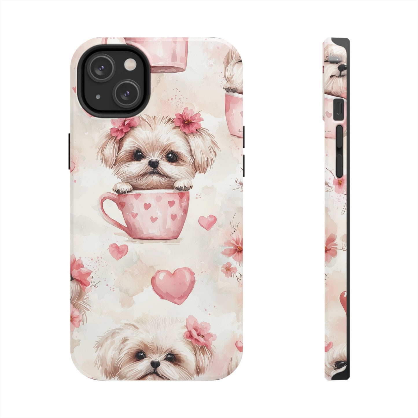 Floral Puppy in Teacup iPhone Case – Cute Pink Flower Design, Tough Dual - Layer Protection - BOGO Cases