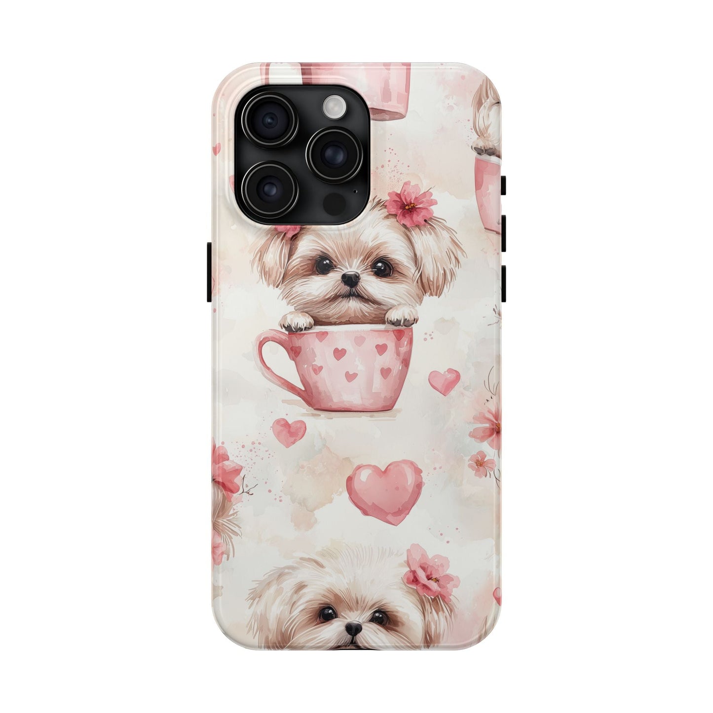 Floral Puppy in Teacup iPhone Case – Cute Pink Flower Design, Tough Dual - Layer Protection - BOGO Cases