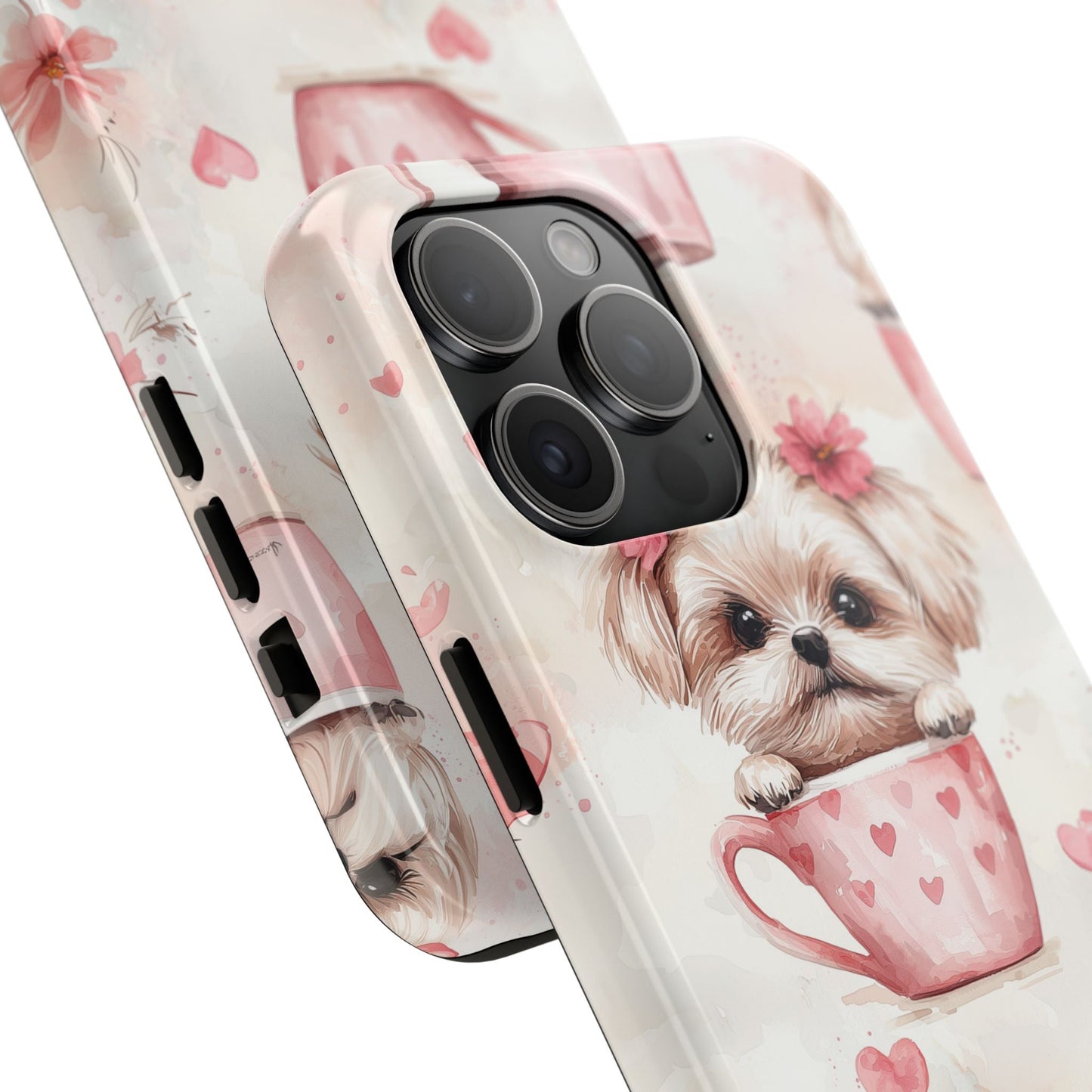 Floral Puppy in Teacup iPhone Case – Cute Pink Flower Design, Tough Dual - Layer Protection - BOGO Cases