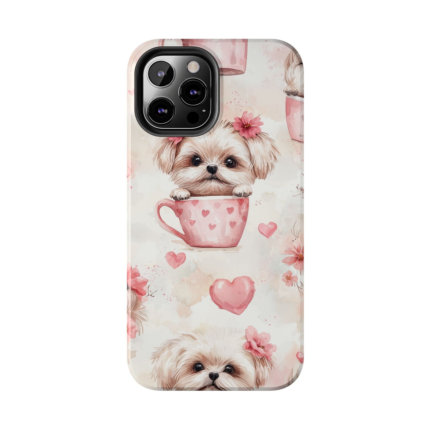 Floral Puppy in Teacup iPhone Case – Cute Pink Flower Design, Tough Dual - Layer Protection - BOGO Cases