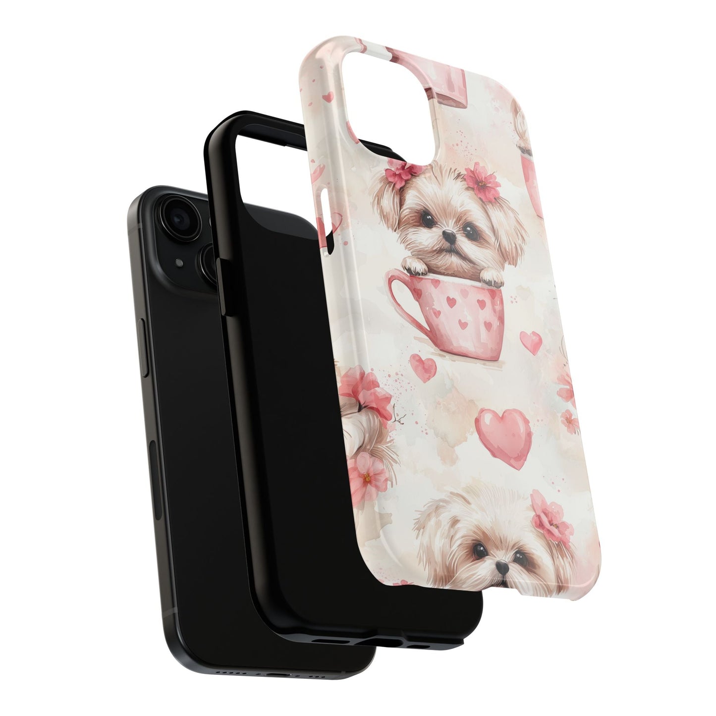 Floral Puppy in Teacup iPhone Case – Cute Pink Flower Design, Tough Dual - Layer Protection - BOGO Cases