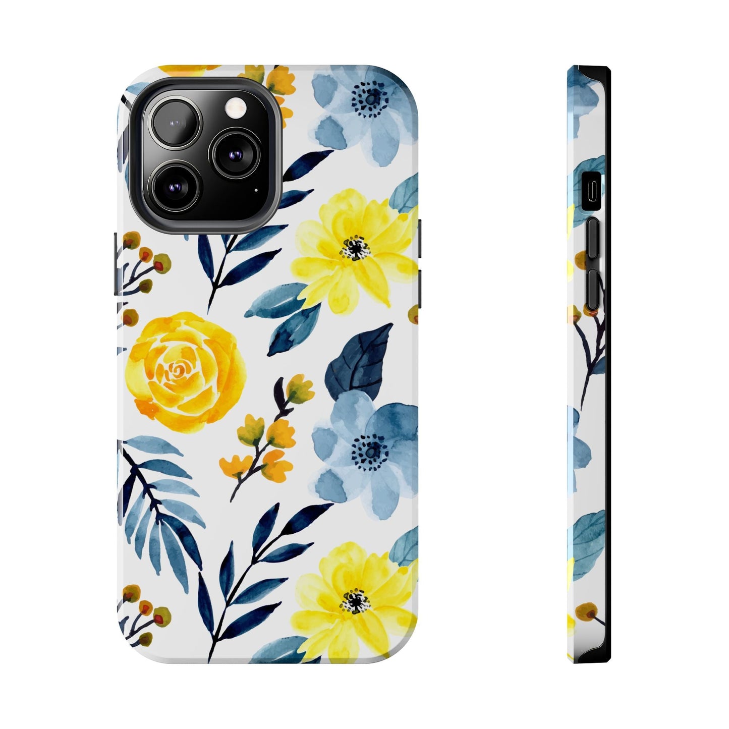 Golden Yellow & Sky Blue Floral – Watercolor Botanical iPhone Case - BOGO Cases