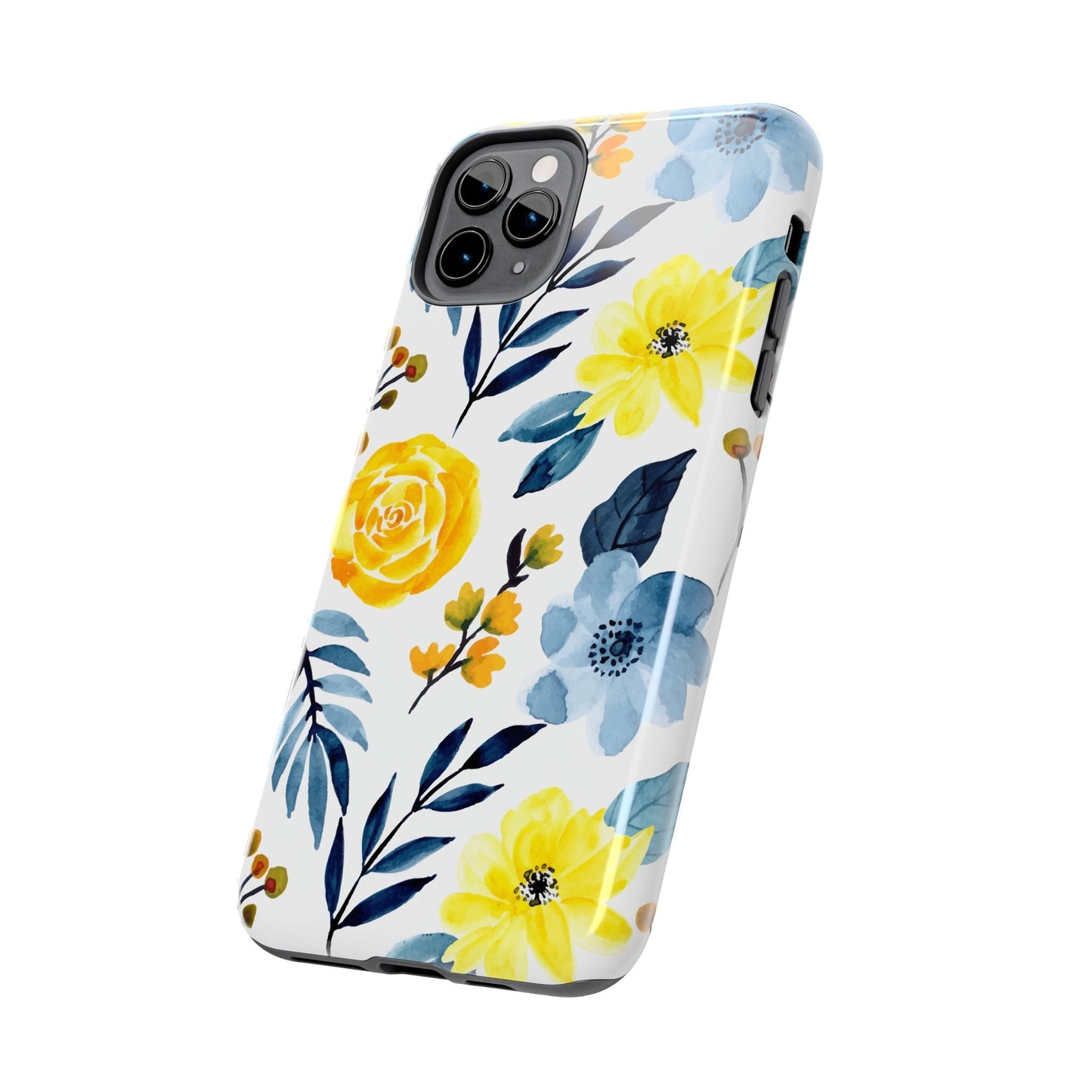 Golden Yellow & Sky Blue Floral – Watercolor Botanical iPhone Case - BOGO Cases