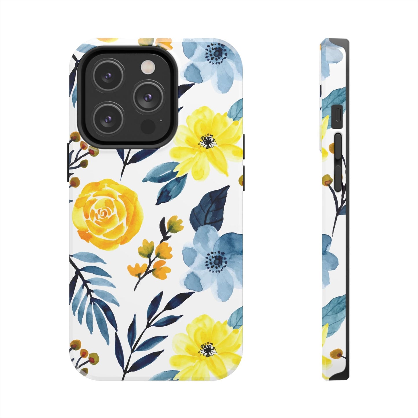 Golden Yellow & Sky Blue Floral – Watercolor Botanical iPhone Case - BOGO Cases