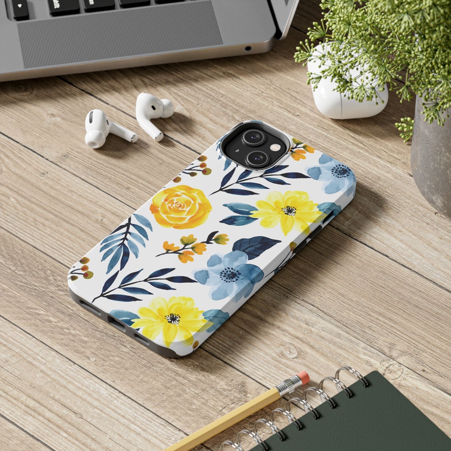 Golden Yellow & Sky Blue Floral – Watercolor Botanical iPhone Case - BOGO Cases
