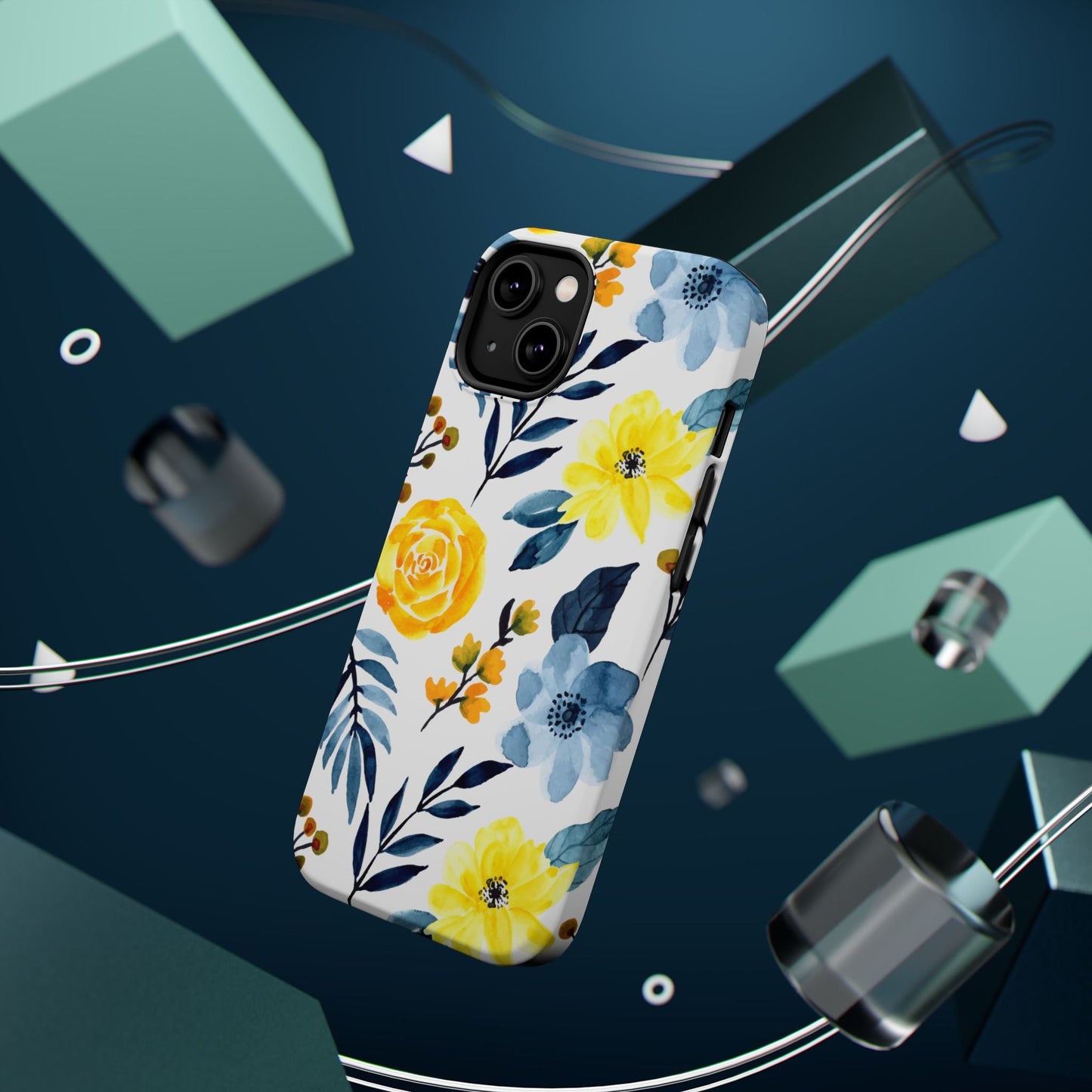 Golden Yellow & Sky Blue Floral – Watercolor Botanical MagSafe iPhone Case - BOGO Cases