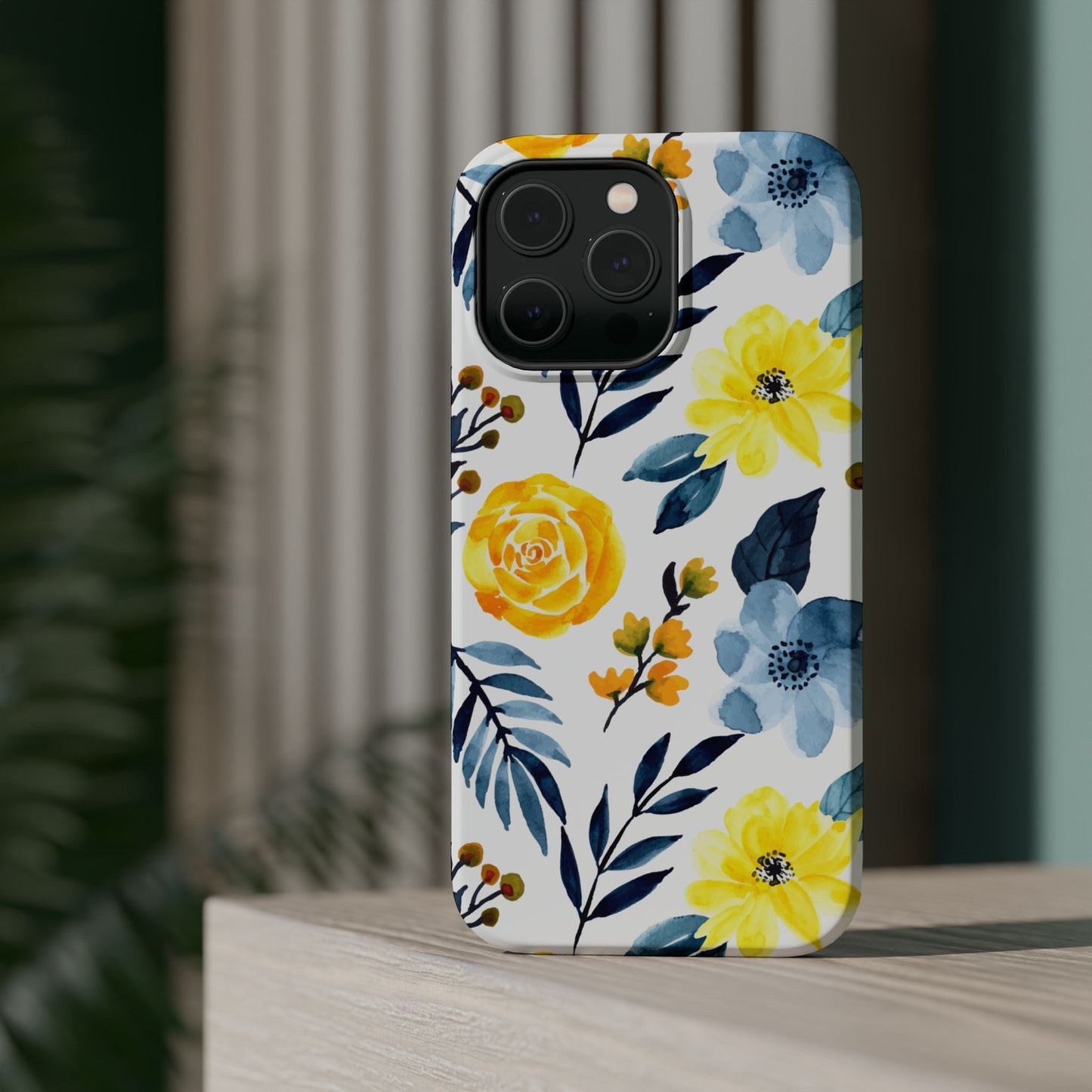 Golden Yellow & Sky Blue Floral – Watercolor Botanical MagSafe iPhone Case - BOGO Cases