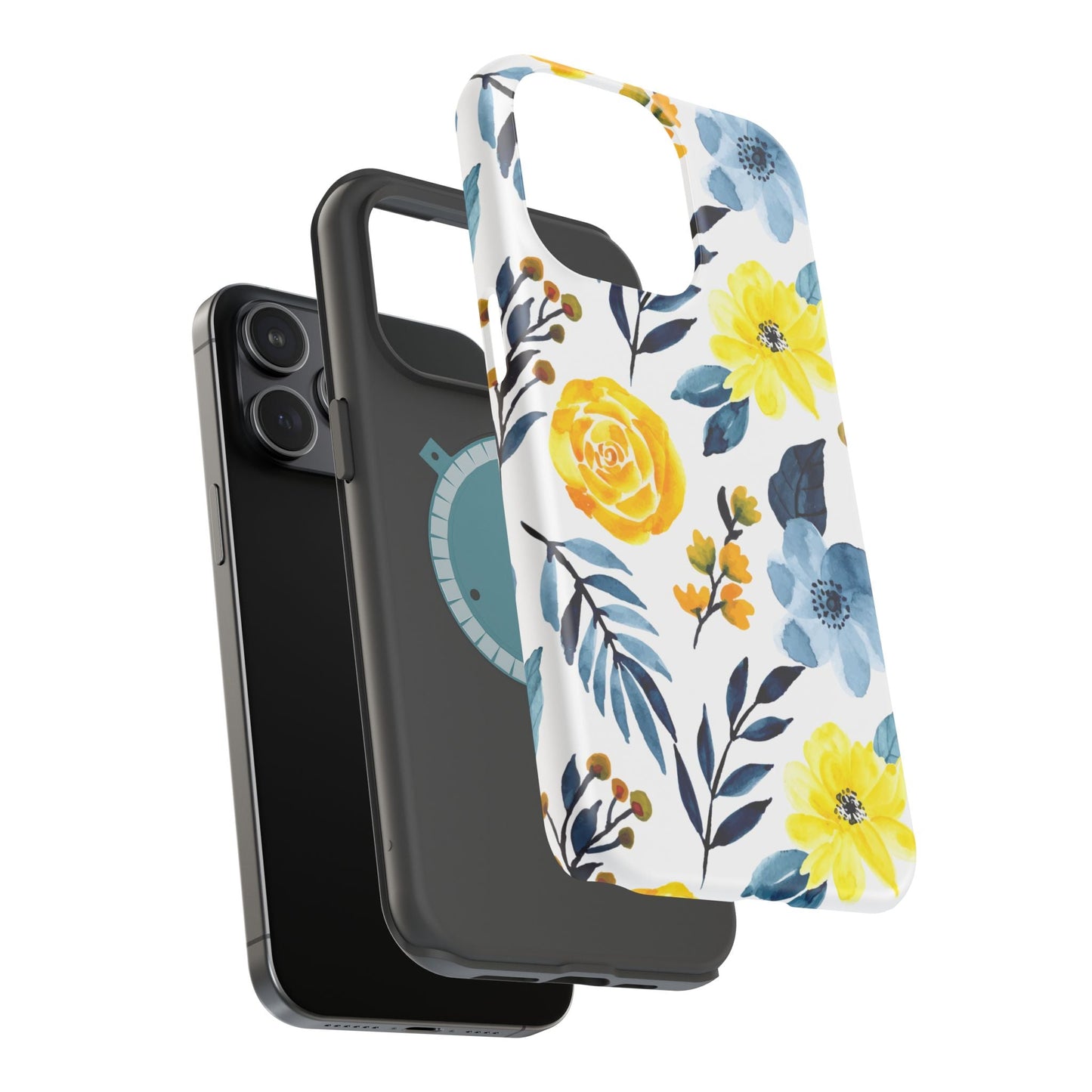 Golden Yellow & Sky Blue Floral – Watercolor Botanical MagSafe iPhone Case - BOGO Cases